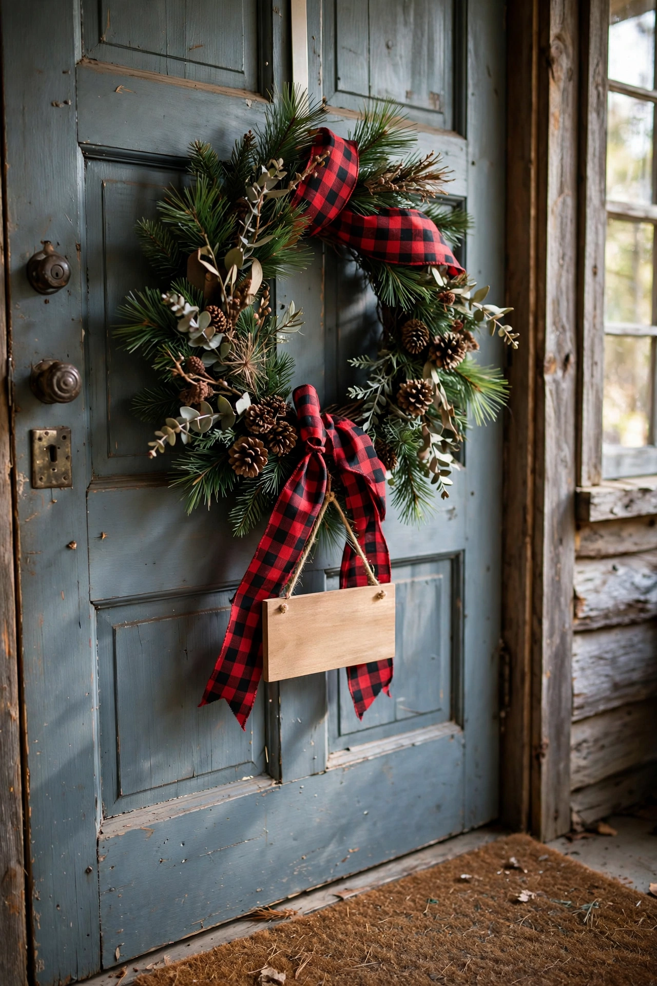 Buffalo plaid ribbon wreath with pine sprigs and welcome sign