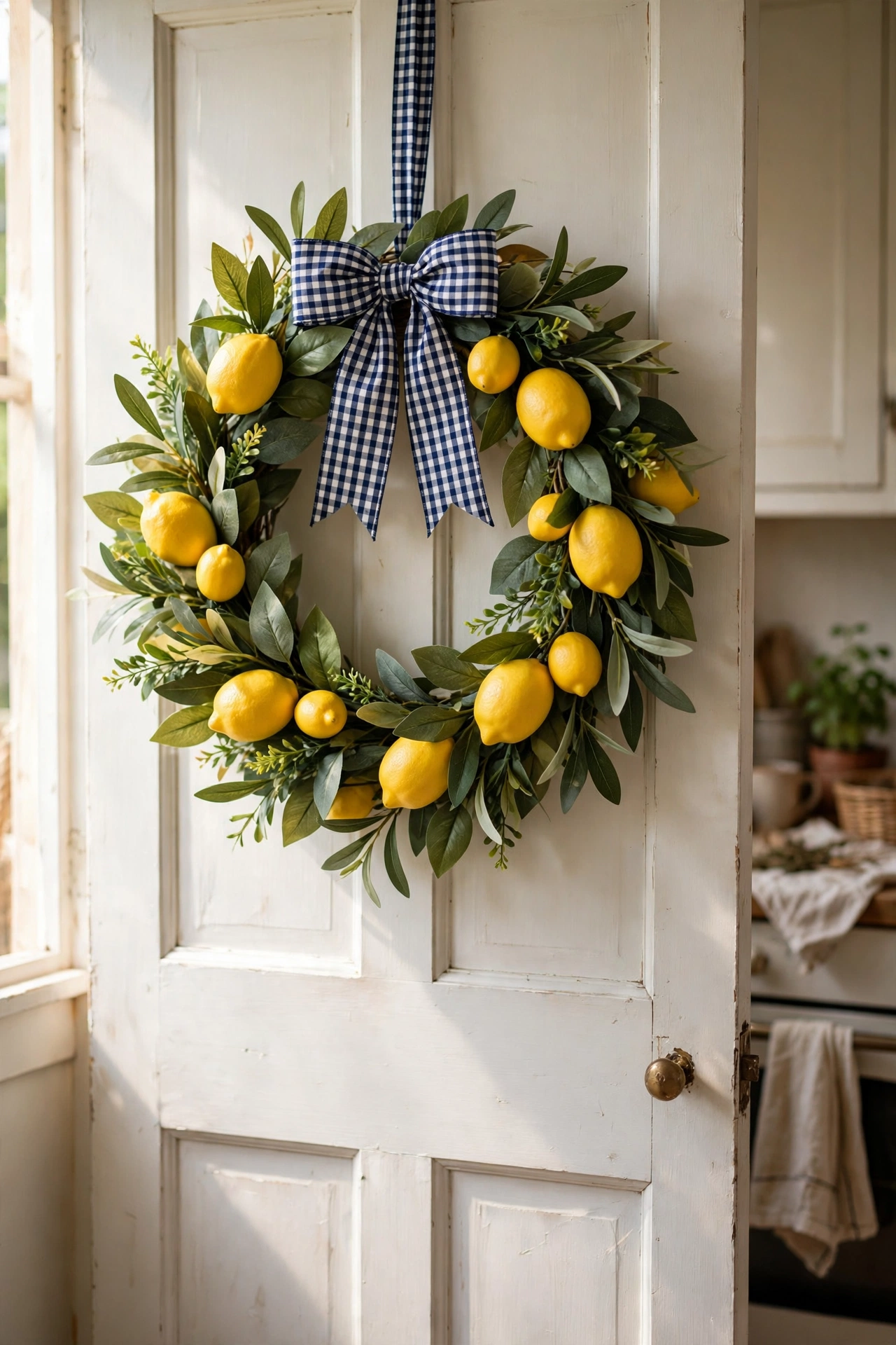 Cheerful wreath of faux lemons and greenery with gingham bow