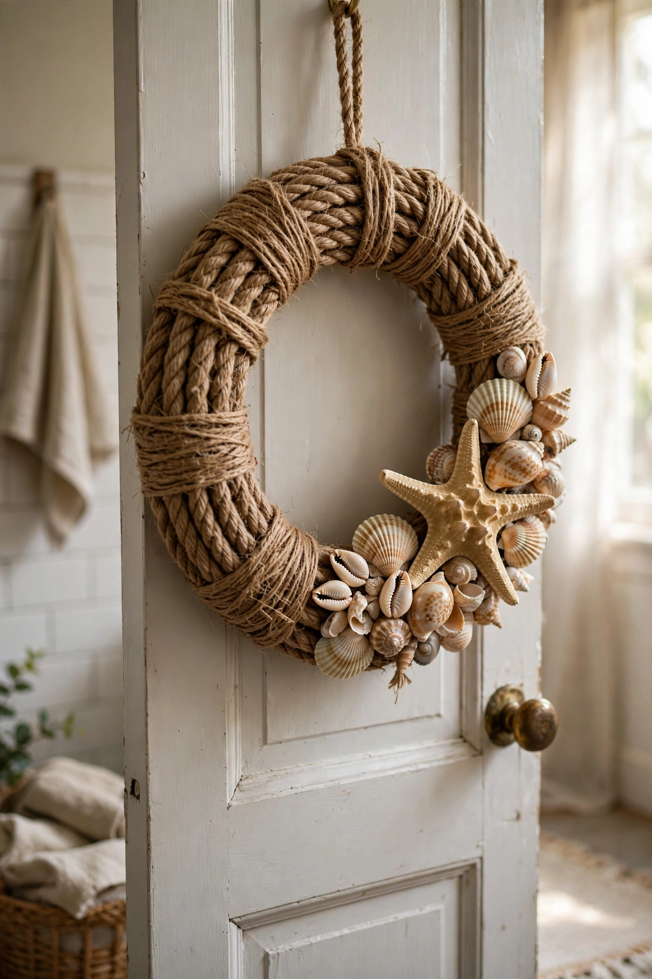 Nautical rope wrapped wreath with starfish and shells