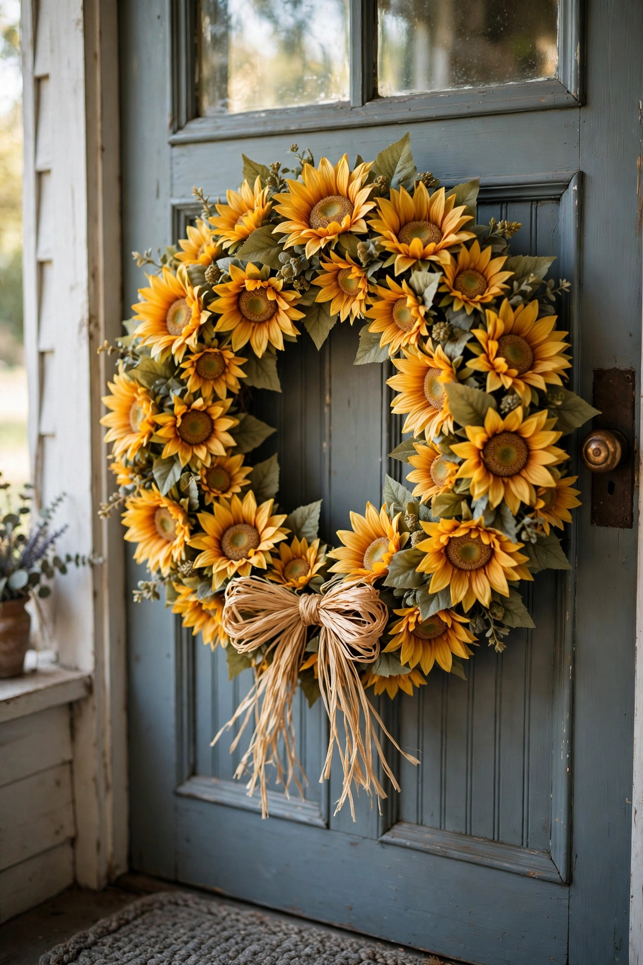 Full sunflower wreath with raffia bow on a farmhouse porch