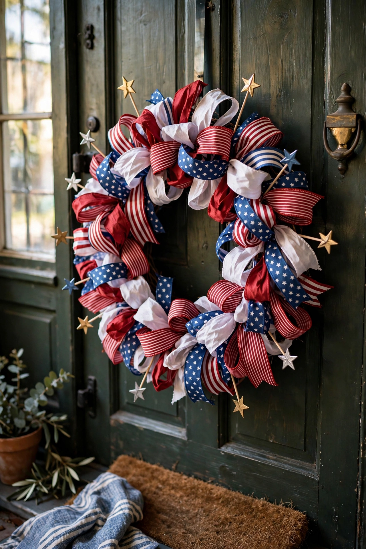 Red white and blue ribbon loop wreath for the Fourth of July