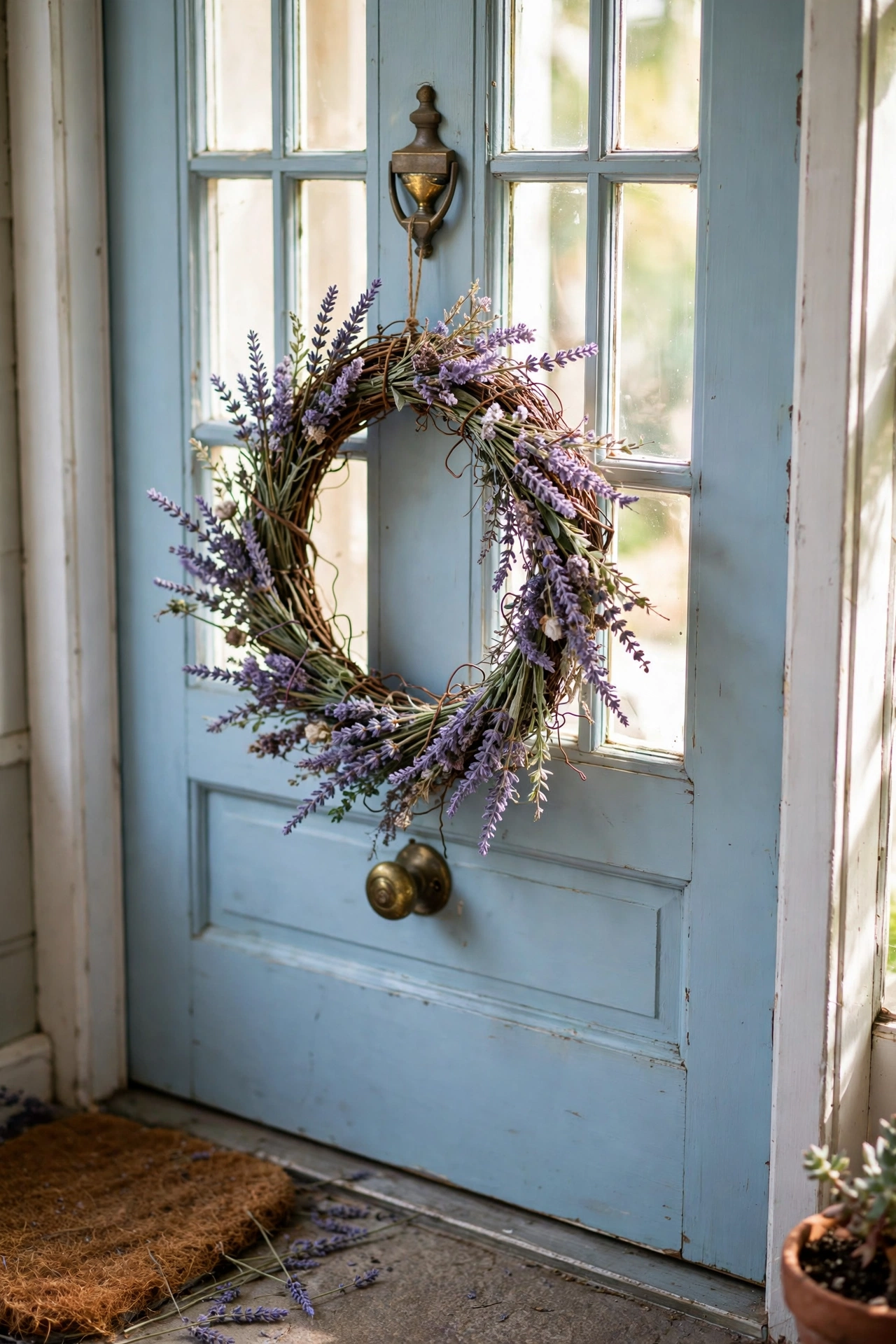Delicate faux lavender wreath on a spring front door