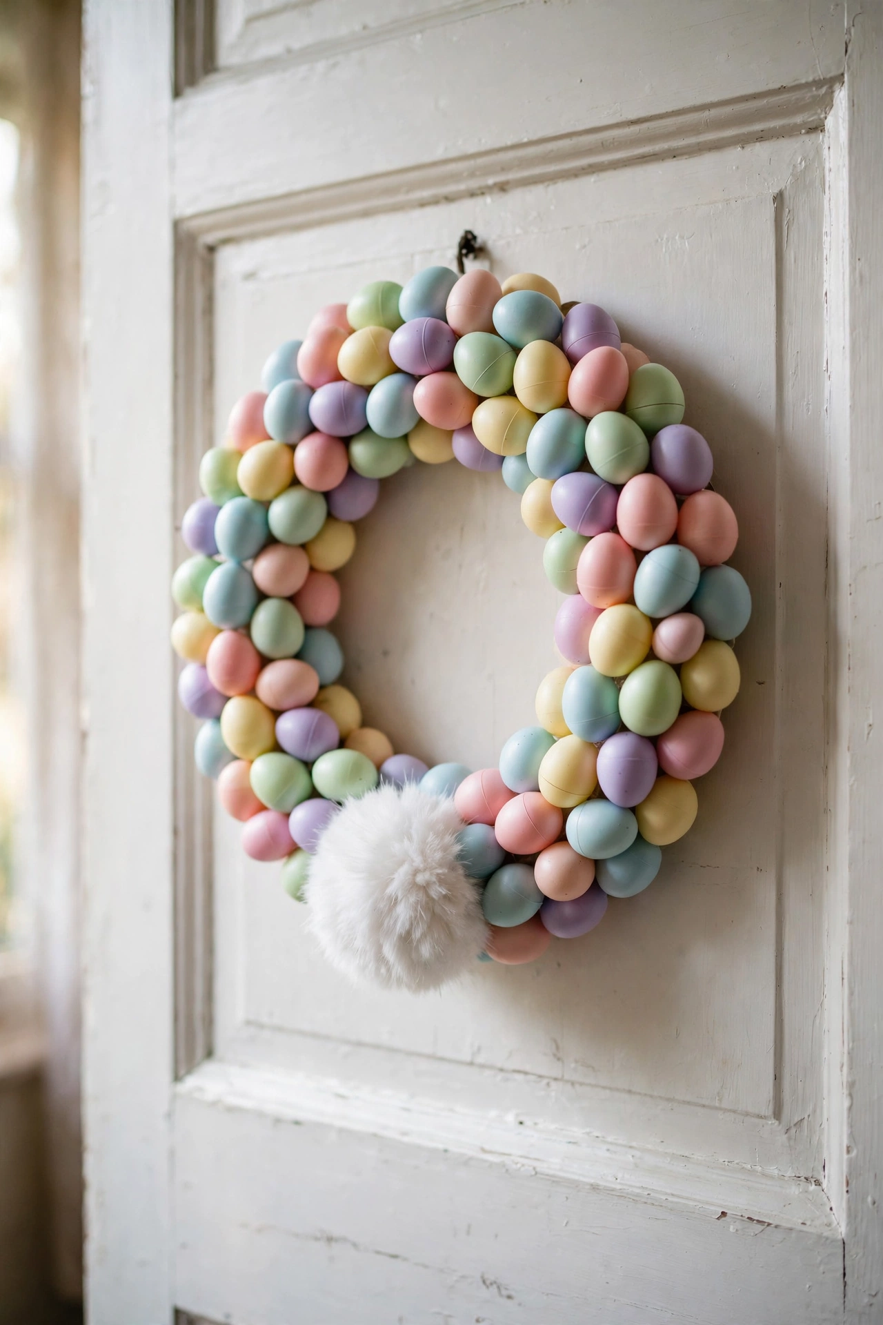 Pastel plastic Easter egg wreath with bunny pom-pom