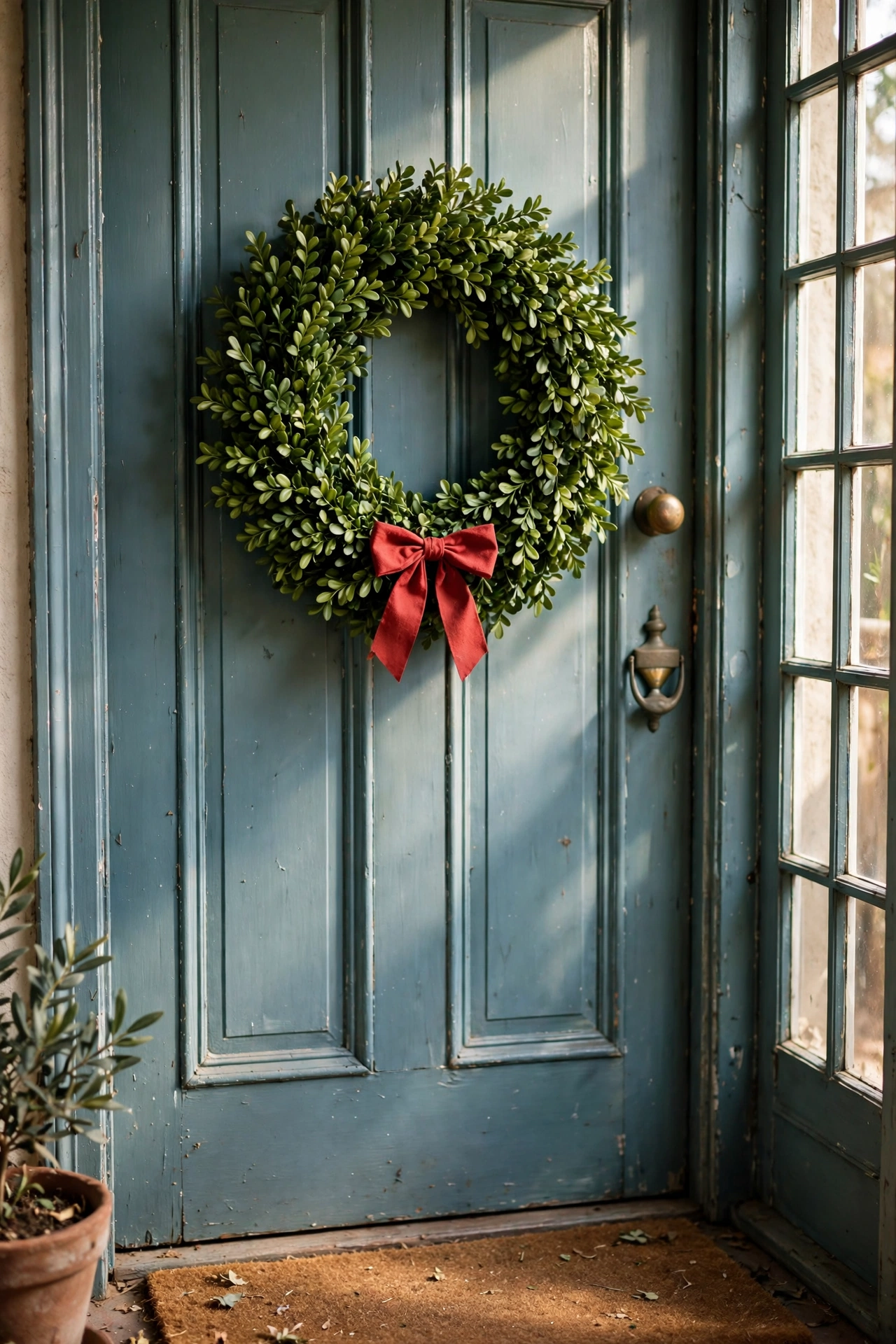 Dense faux boxwood wreath with red bow on a front door