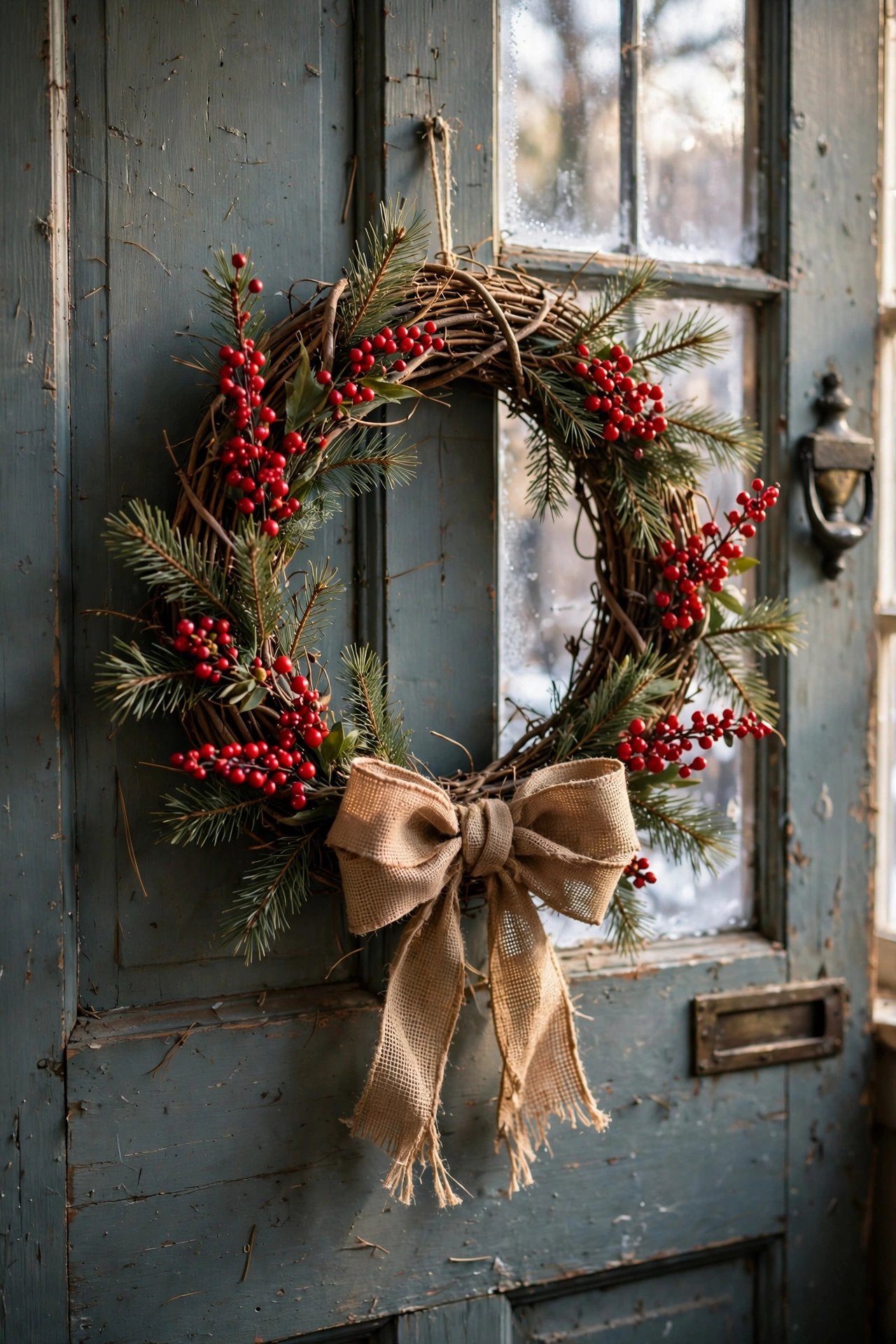 Grapevine wreath with red berry sprays and burlap bow