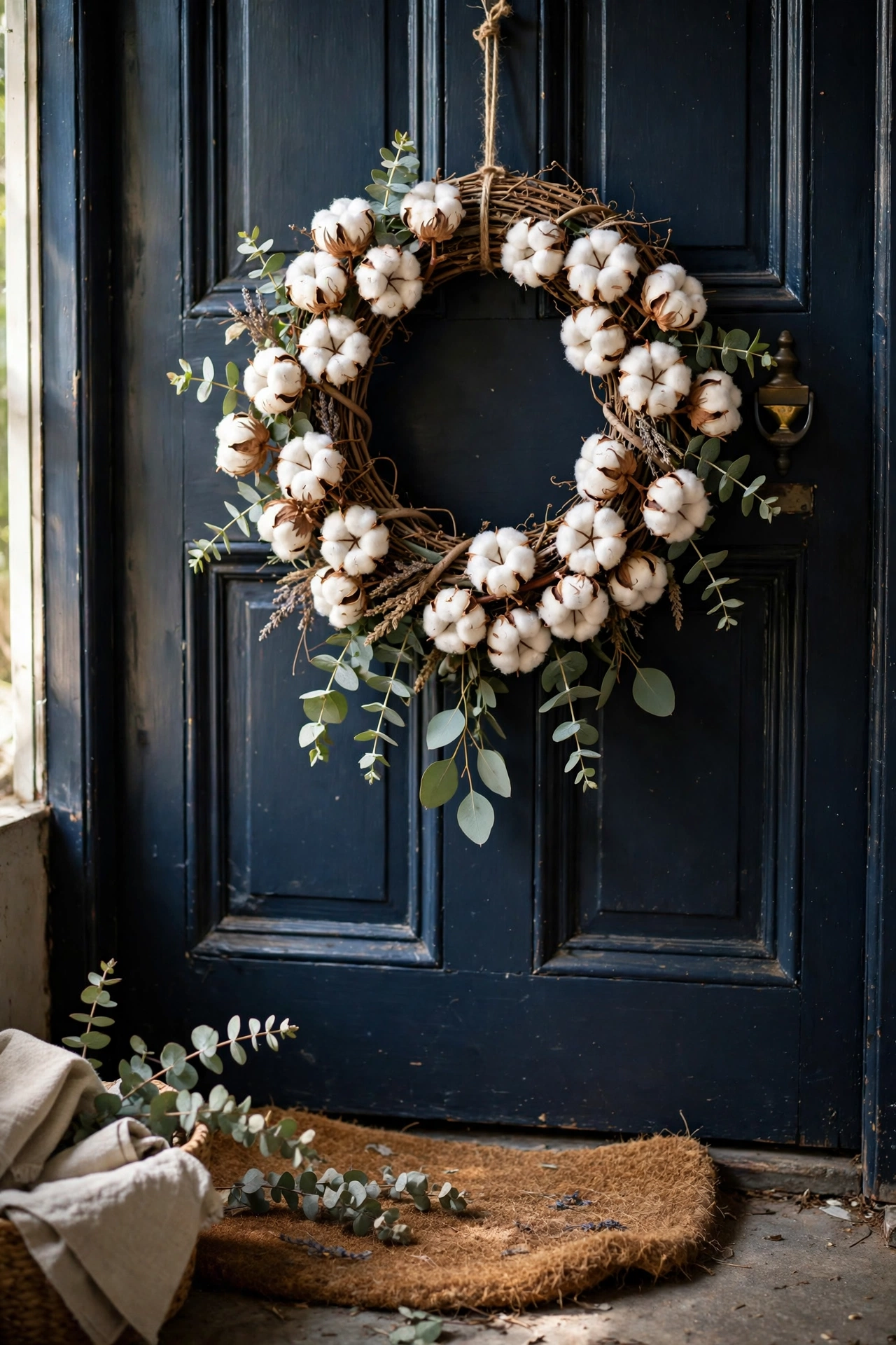 Cotton boll wreath with eucalyptus on a dark door