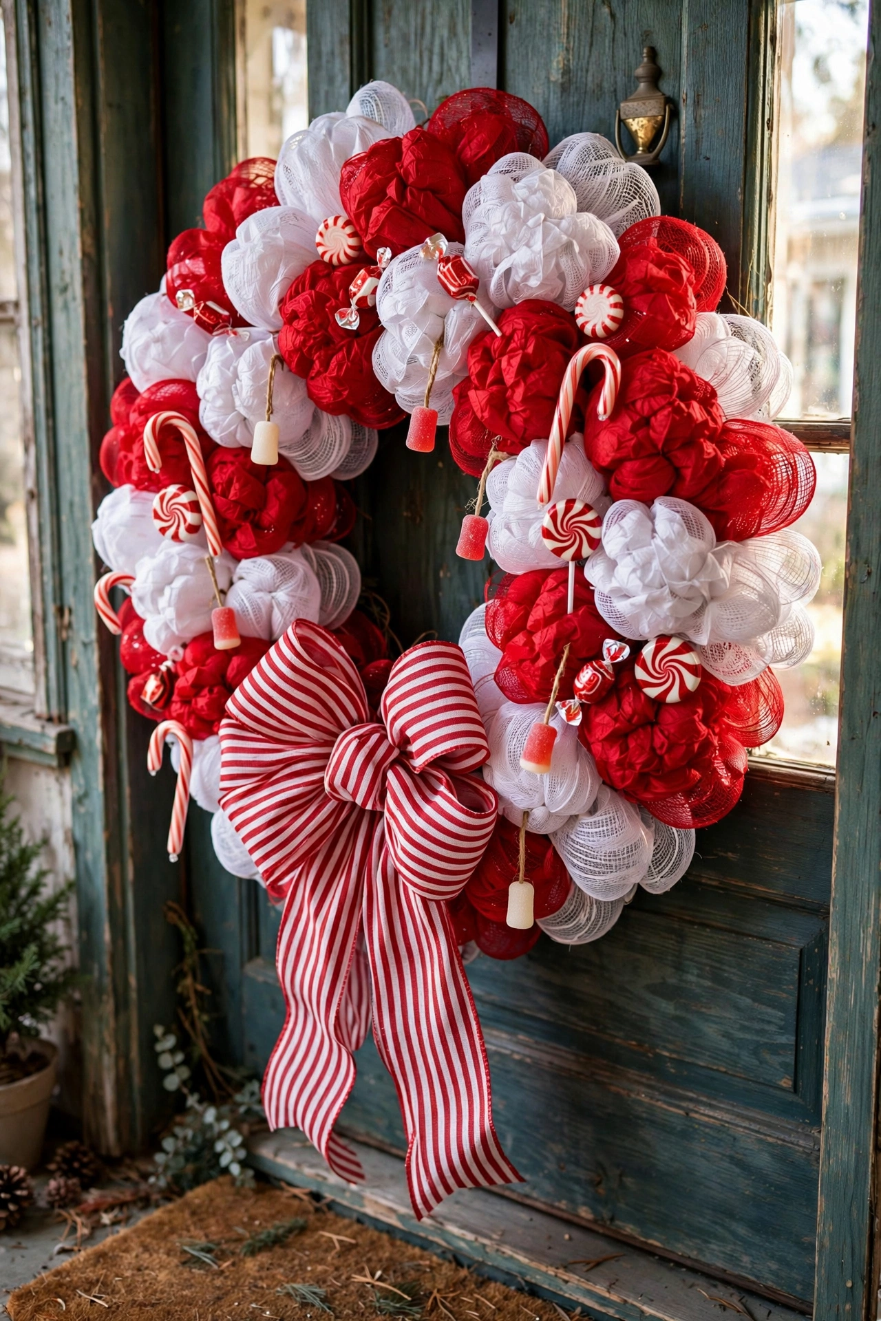 Big red and white deco mesh candy cane wreath with bow