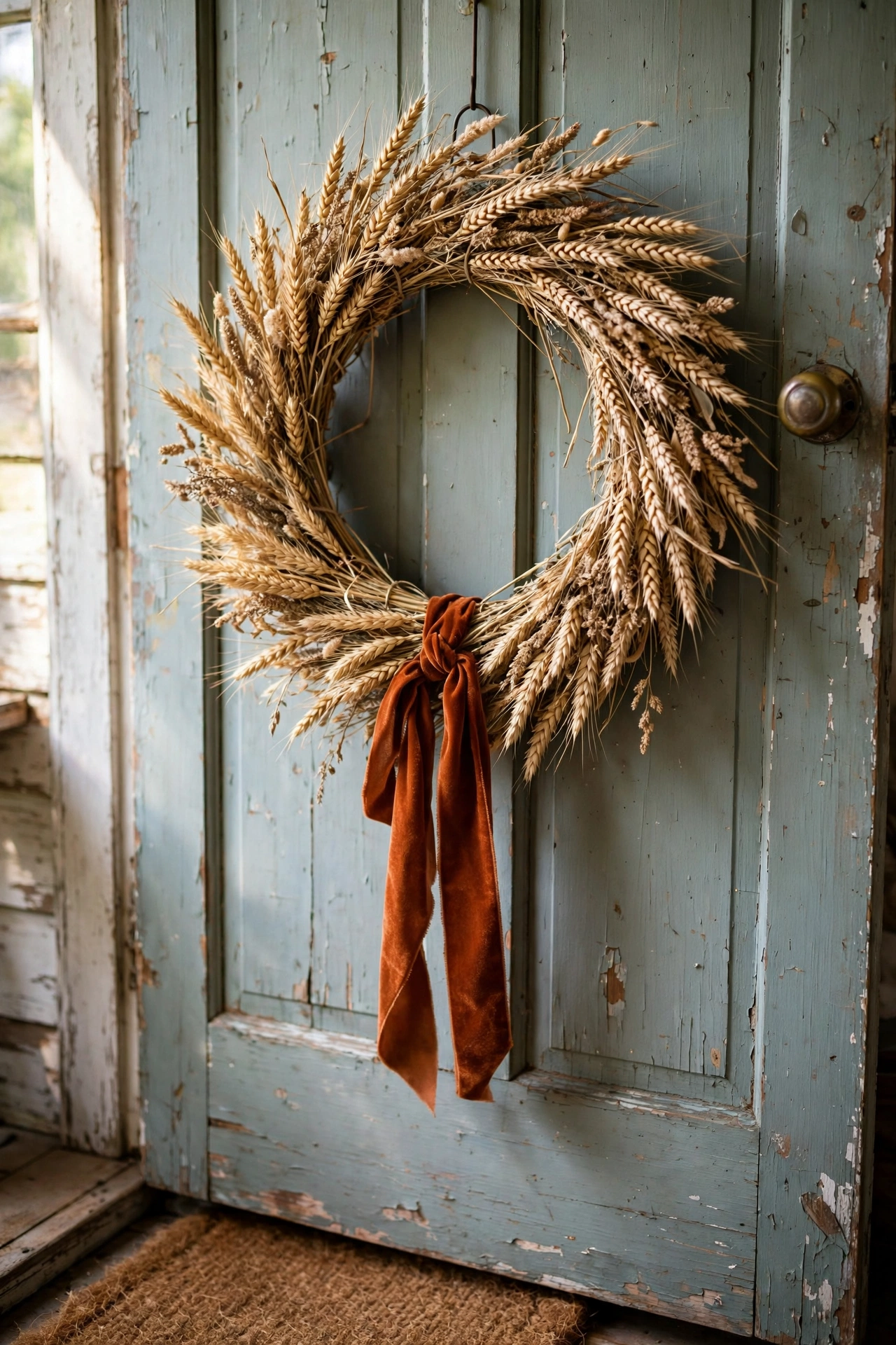 Elegant wheat sheaf wreath with rust velvet ribbon