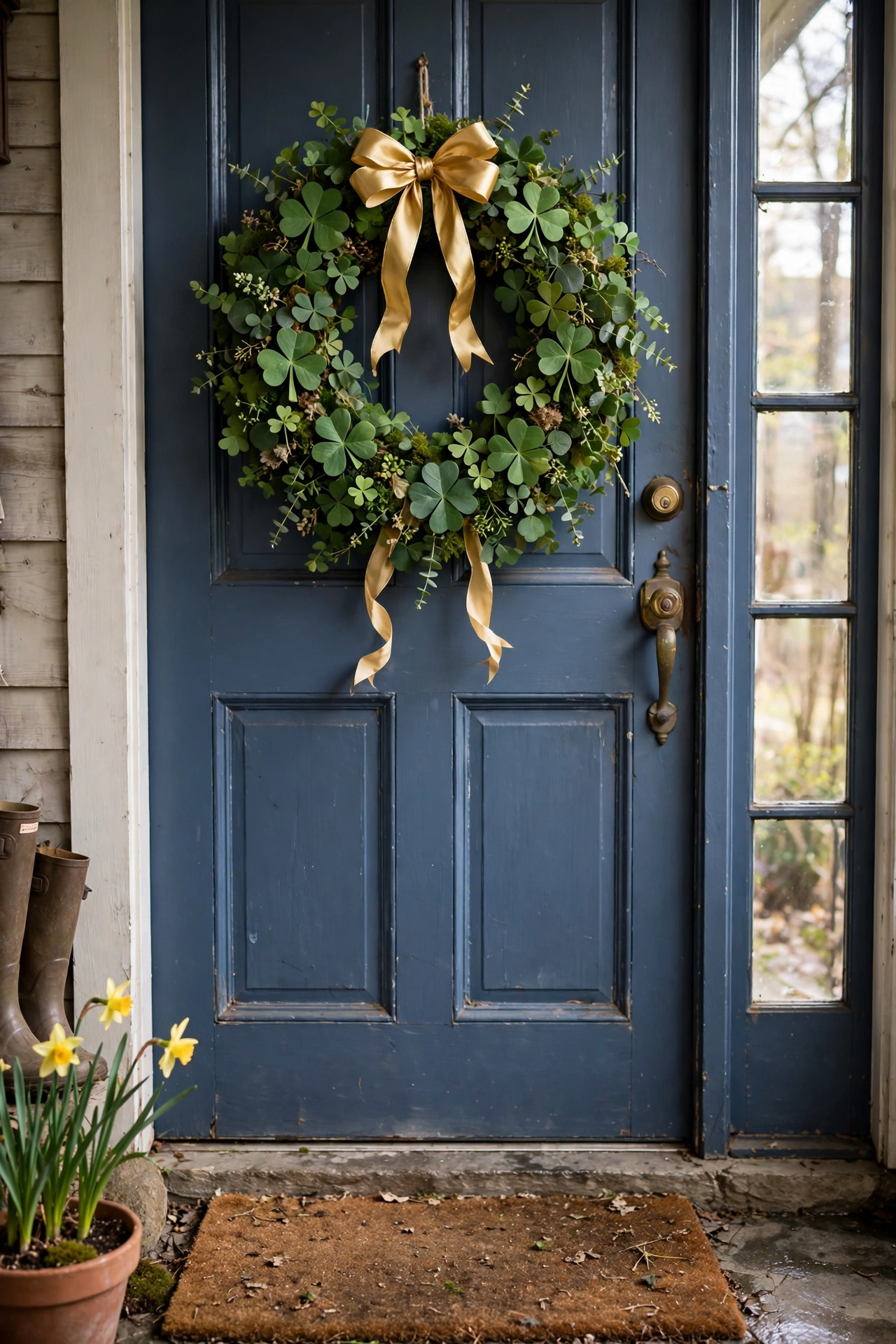 Green shamrock wreath with gold bow for St Patrick's Day