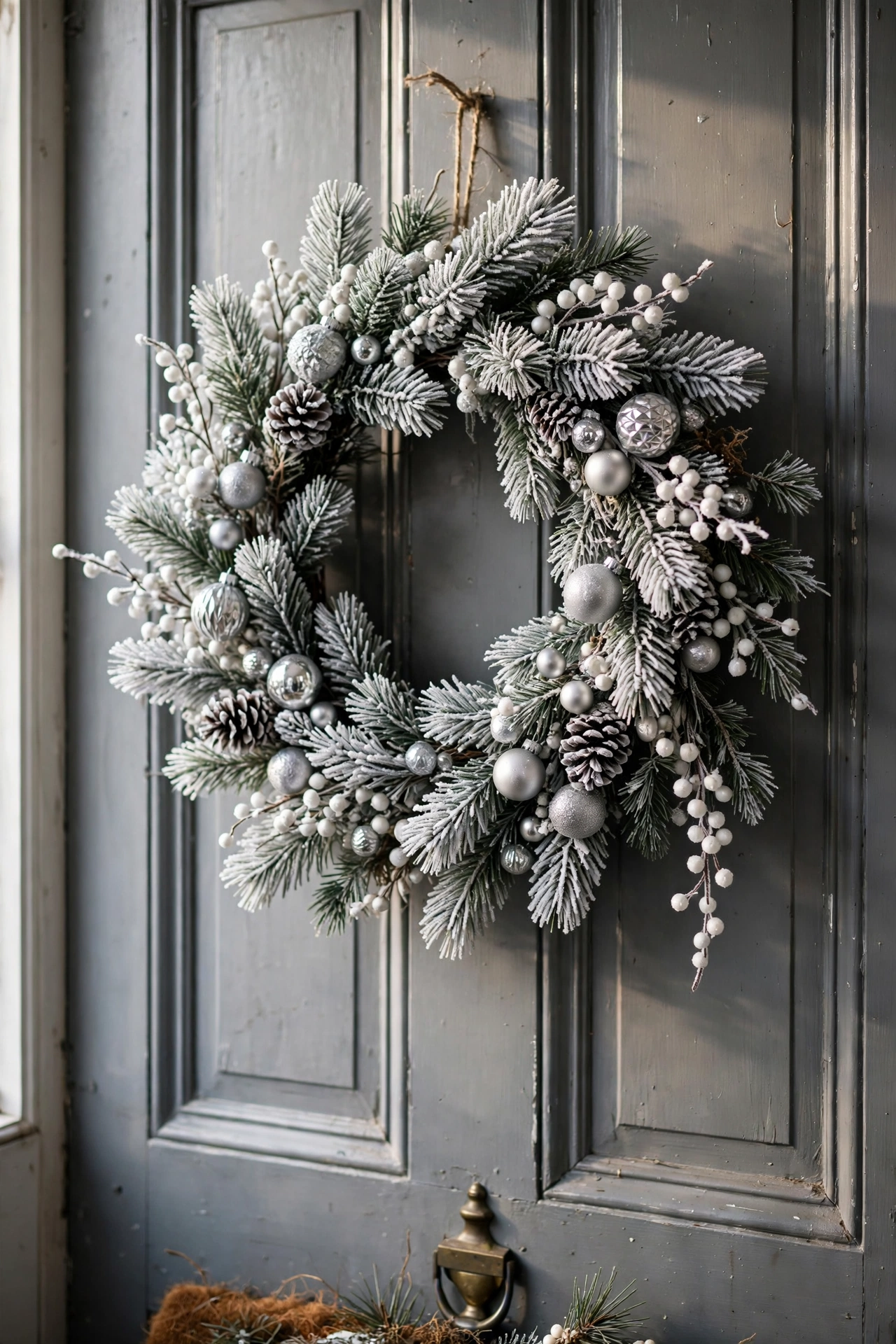 Frosted pine wreath with white berries and silver ornaments