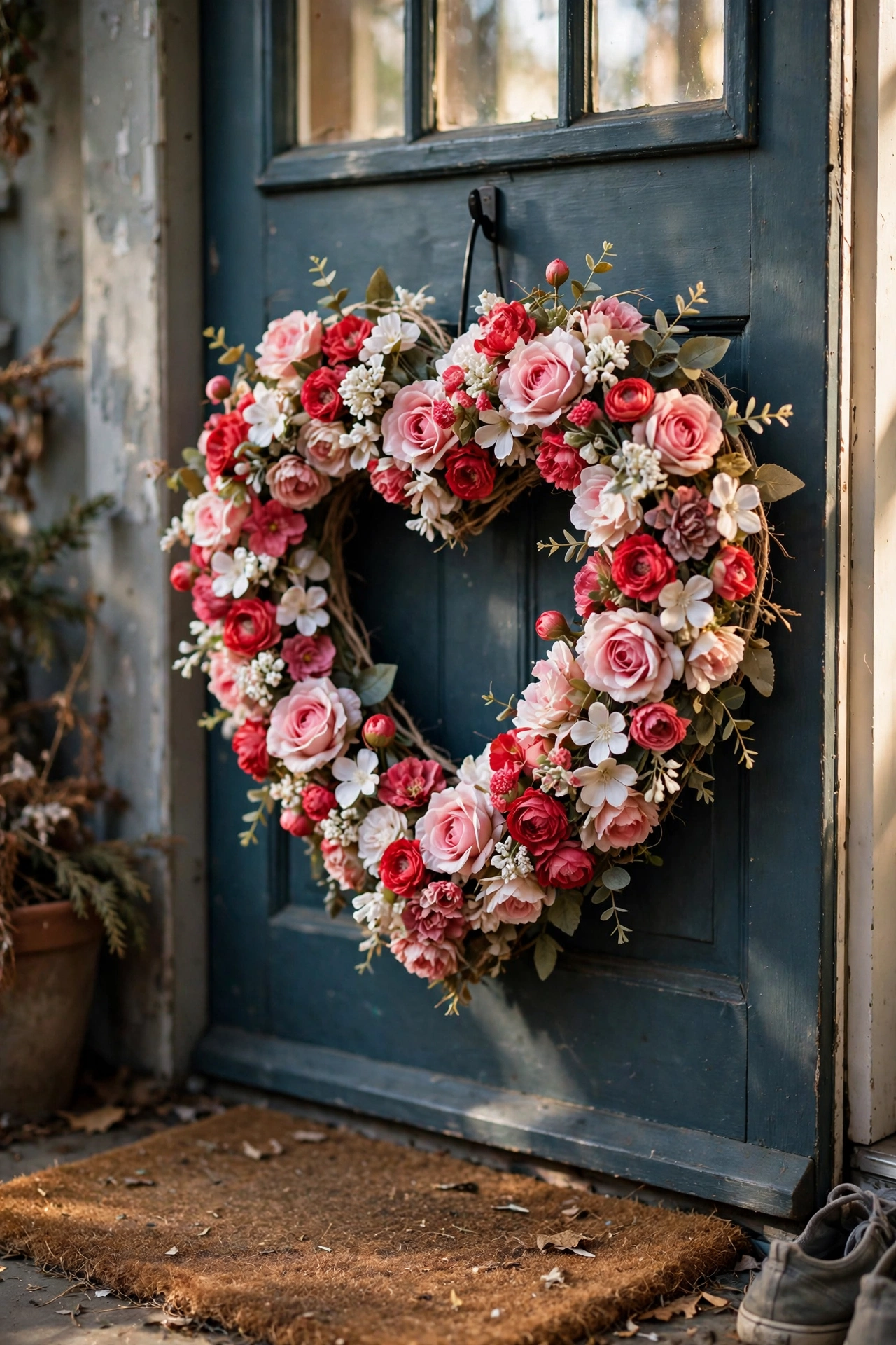 Heart-shaped wreath of red and pink flowers for Valentine's Day