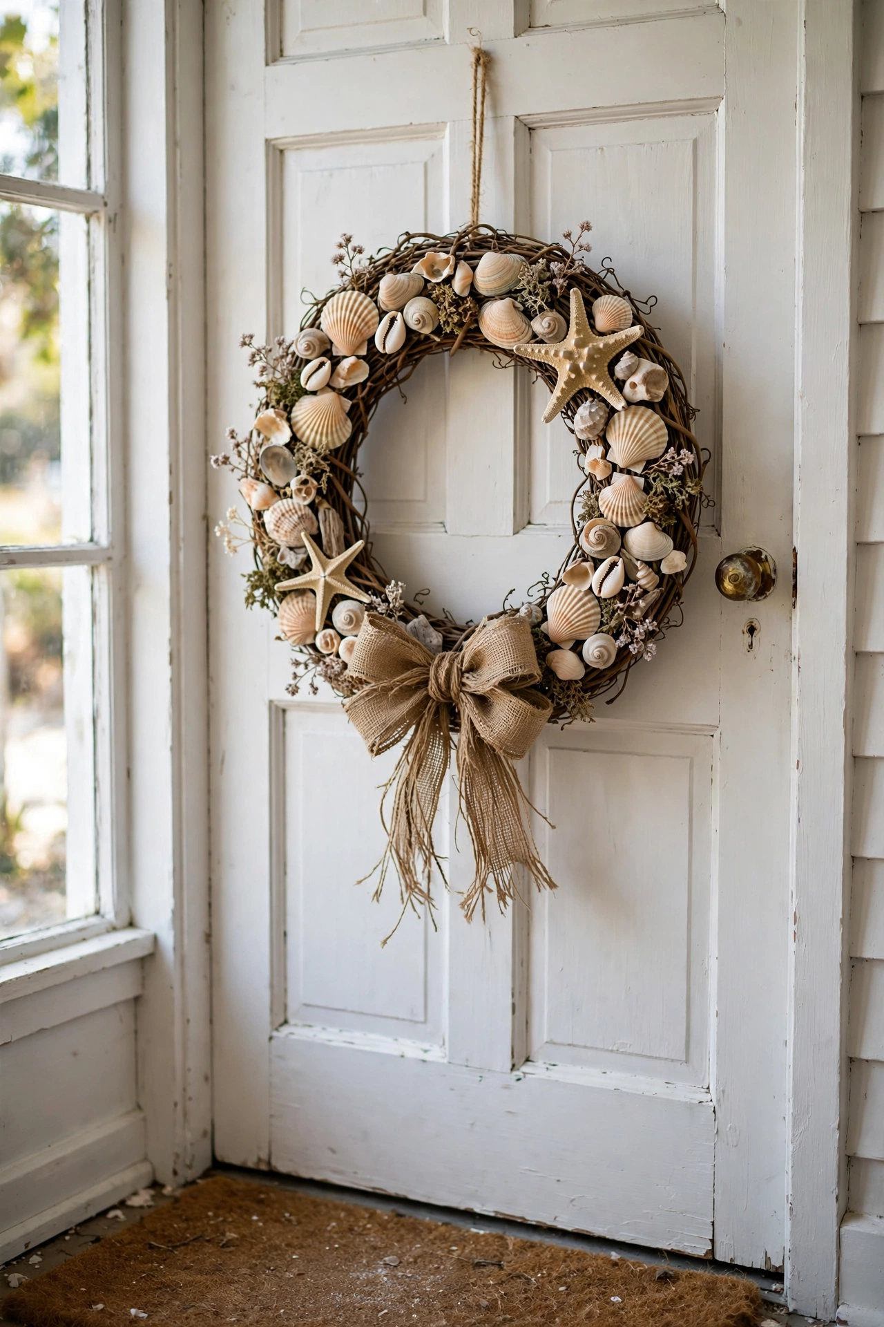 Coastal shell wreath with jute bow on a beach house door
