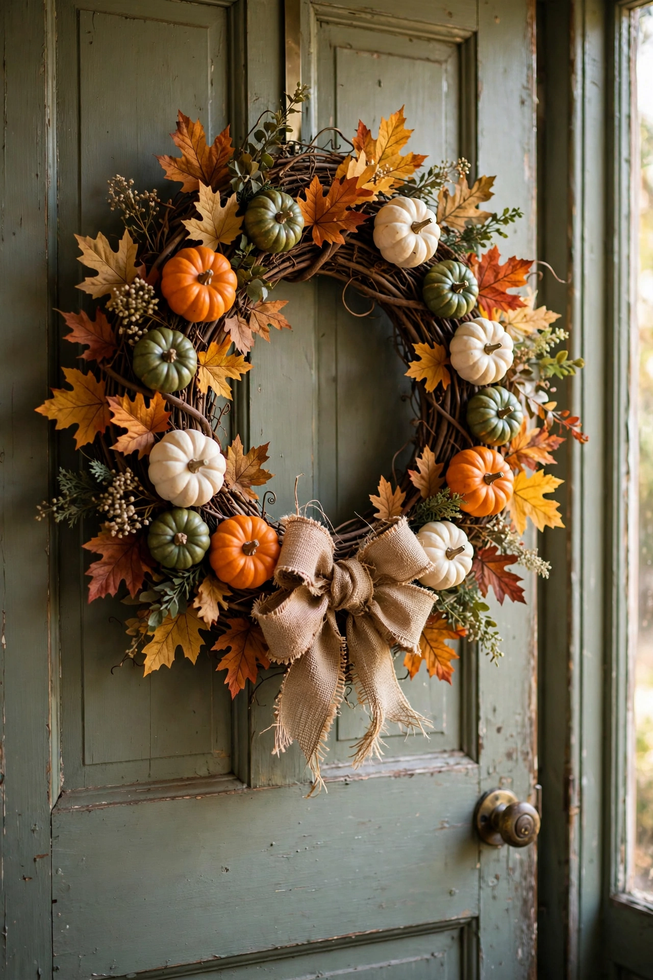 Grapevine wreath with mini pumpkins and fall leaves