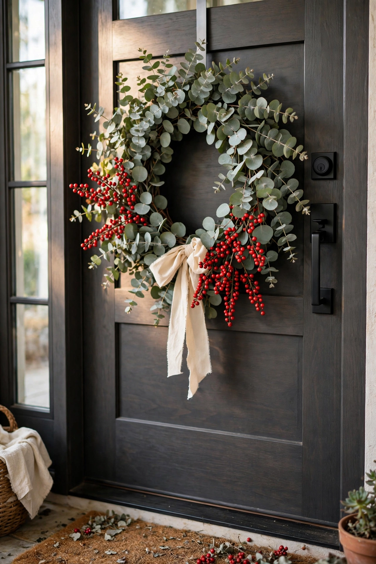 Modern eucalyptus wreath with red berries and cream ribbon