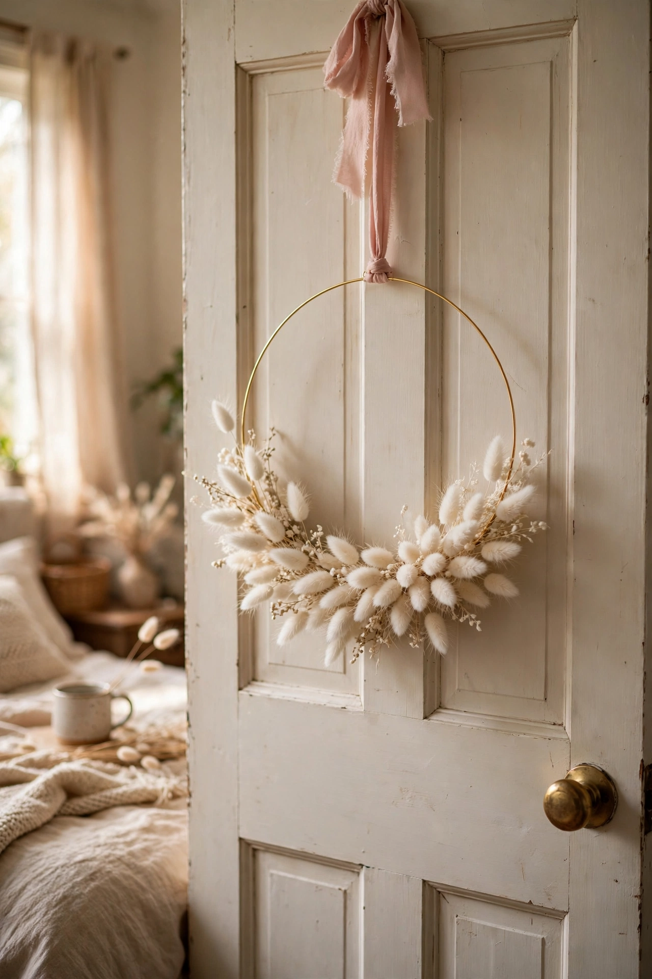 Delicate bunny tail grass wreath on a gold hoop