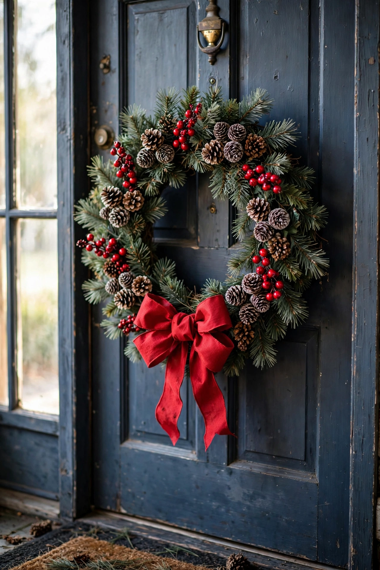 Timeless pine garland wreath with pinecones berries and red bow