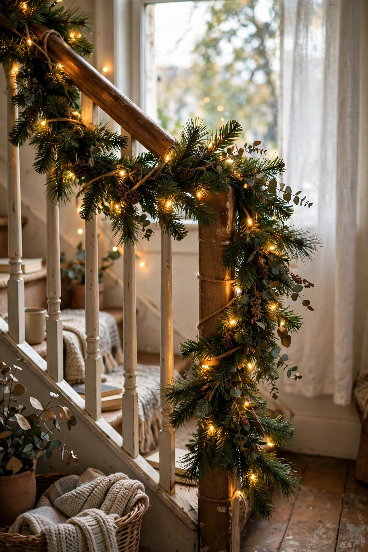 Faux pine garland twisted on a stair banister with fairy lights