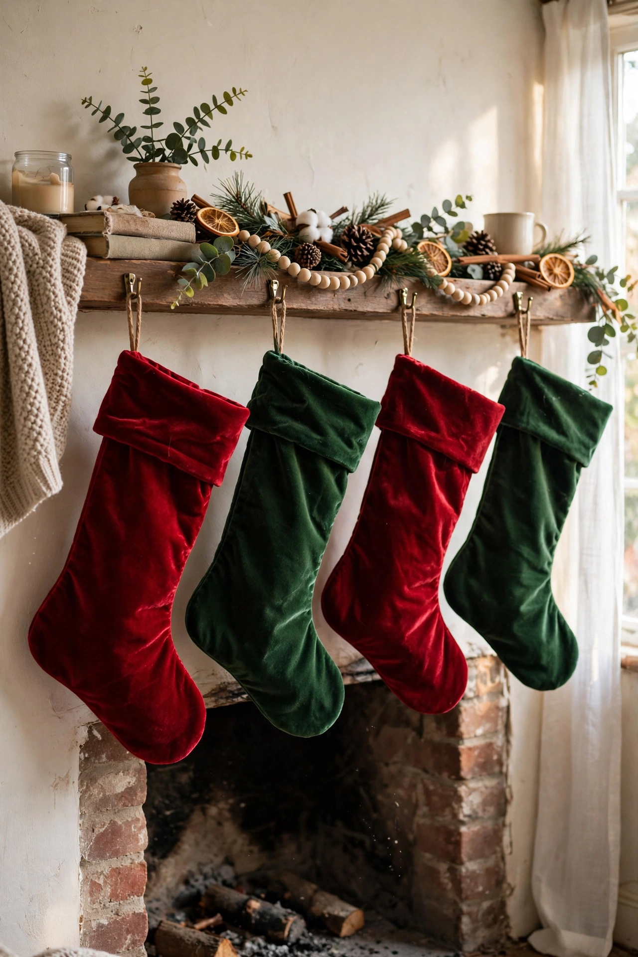 Velvet Christmas stockings in red and green hanging on a mantel