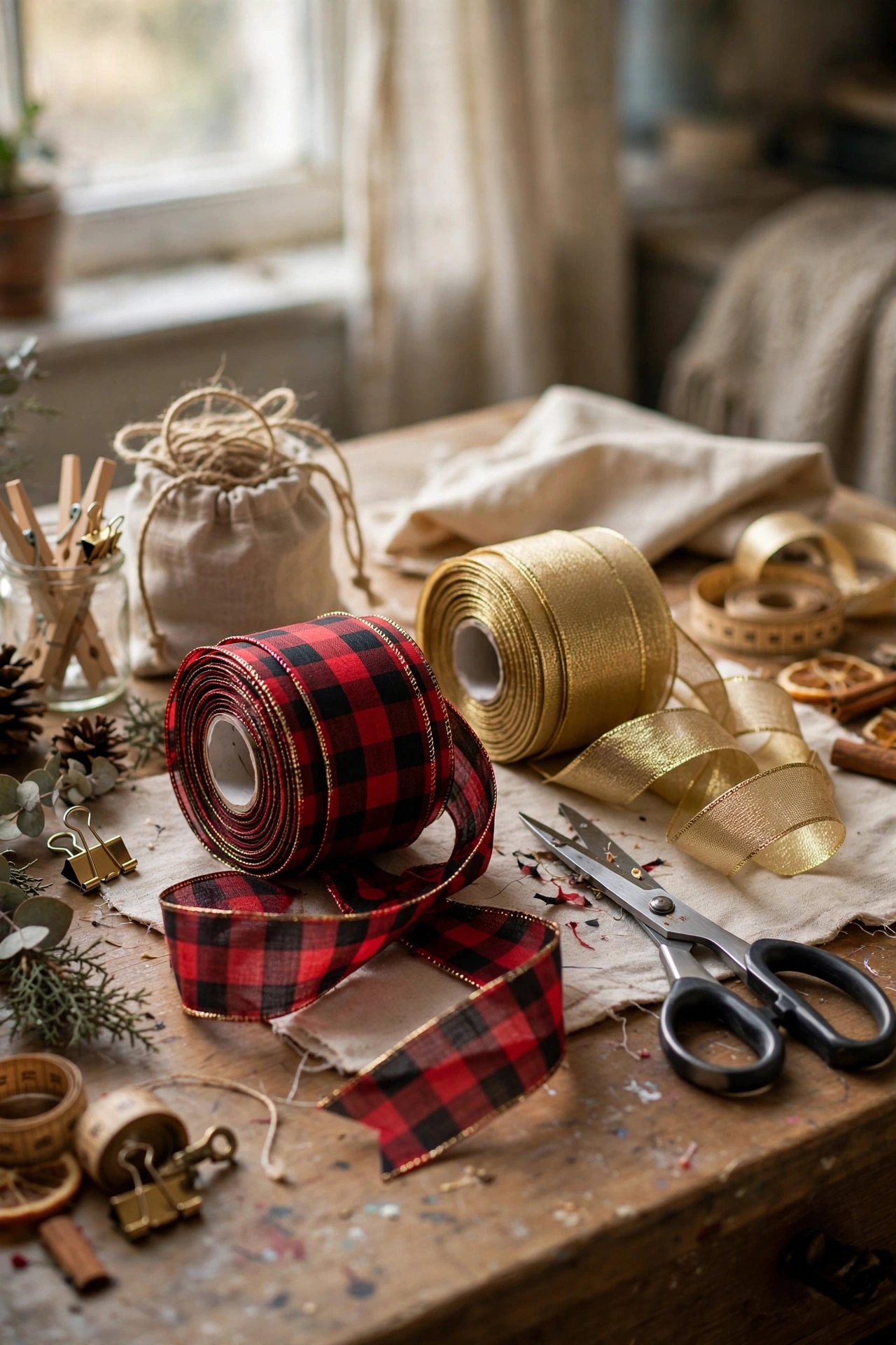 Rolls of wide wired Christmas ribbon in plaid and gold
