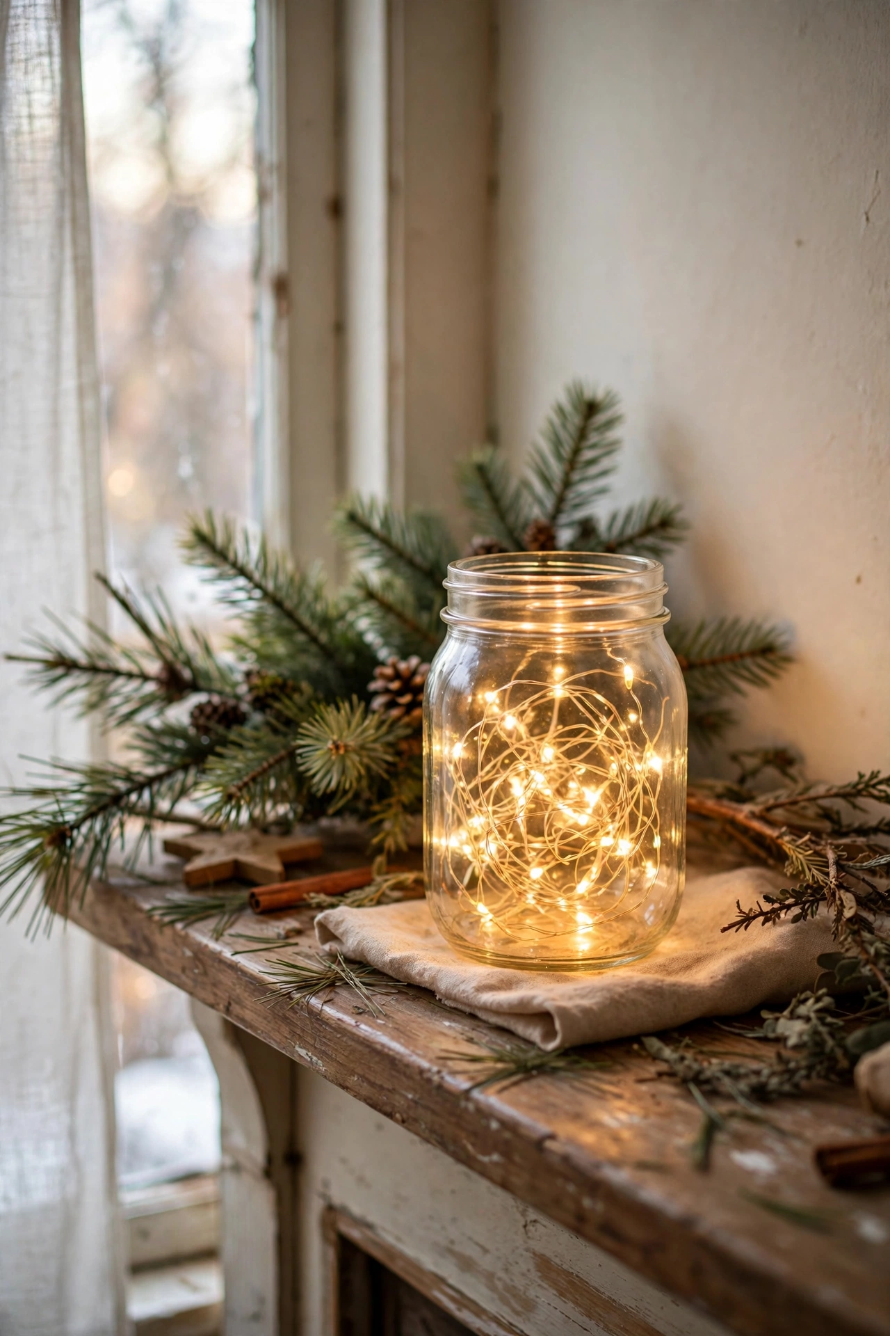Warm battery fairy lights glowing in a mason jar on a mantel