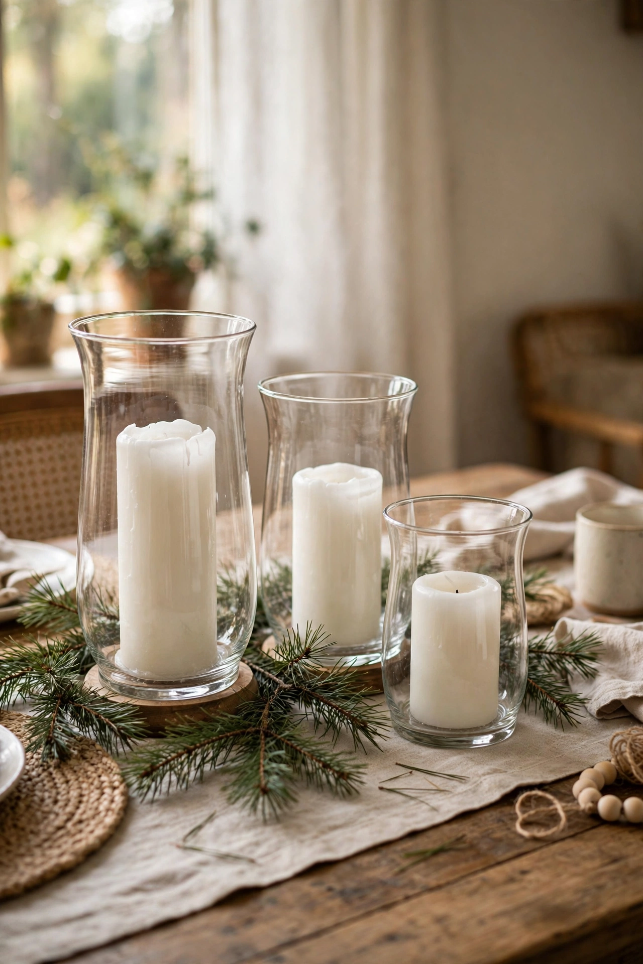 Glass hurricane holders with pillar candles on a dining table