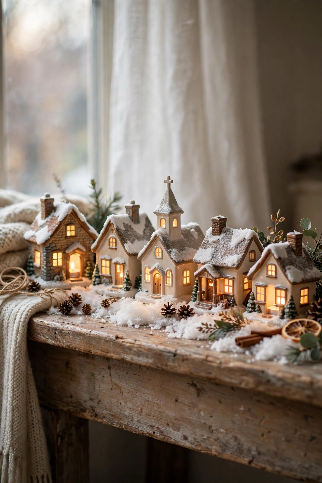 Miniature glowing ceramic Christmas village houses on a mantel