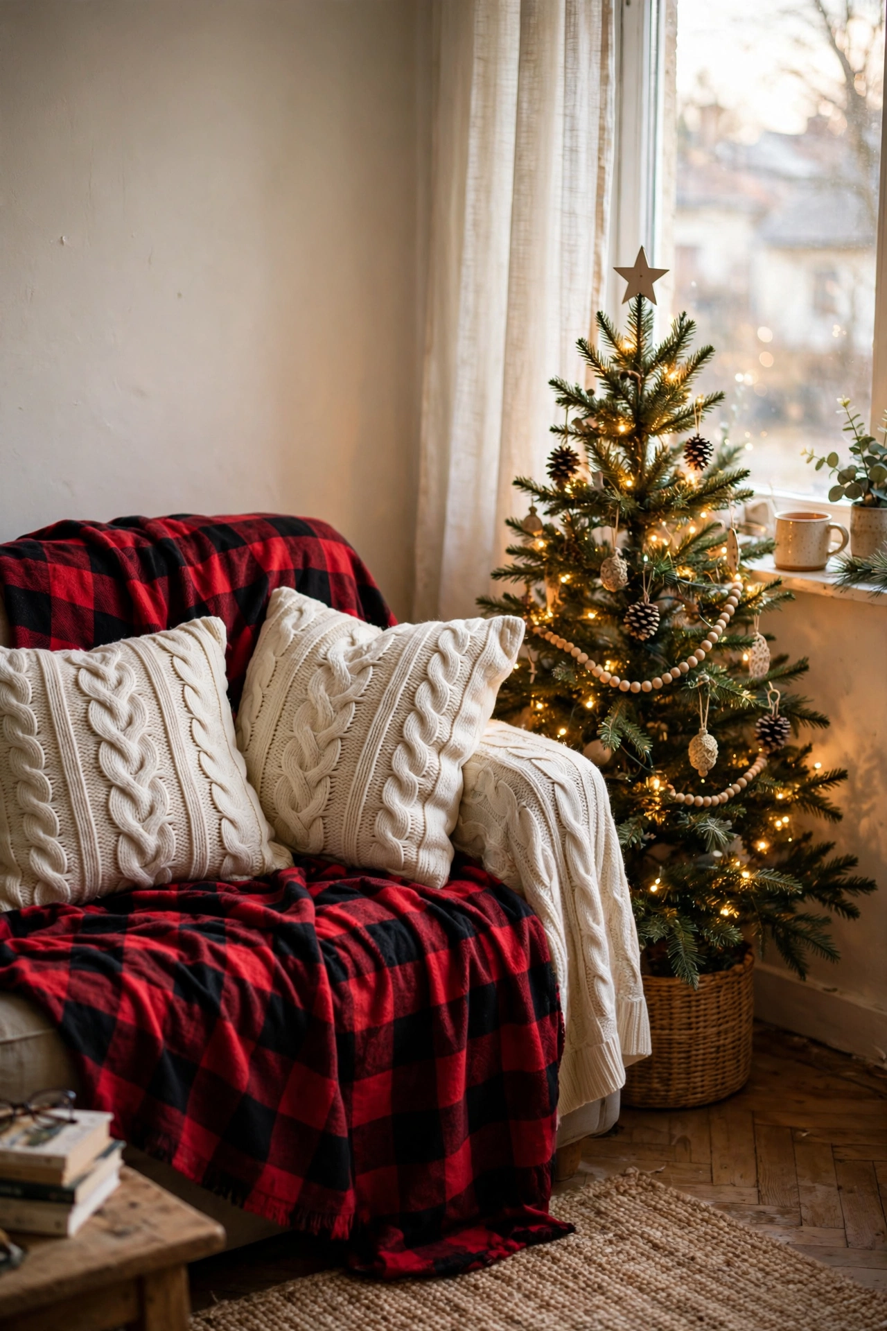 Sofa with buffalo plaid and cable-knit Christmas pillow covers