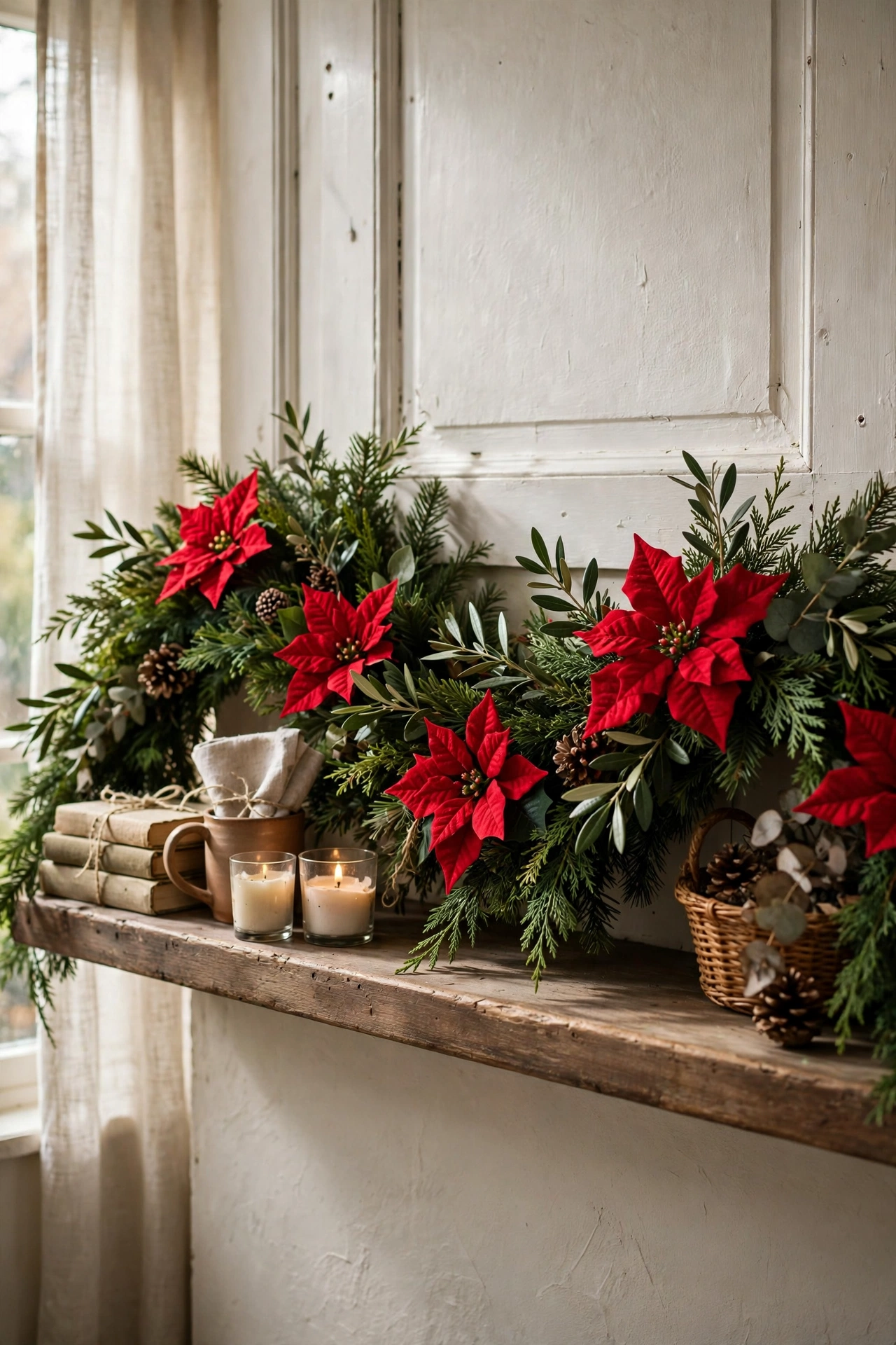 Faux poinsettia stems tucked into a green garland arrangement