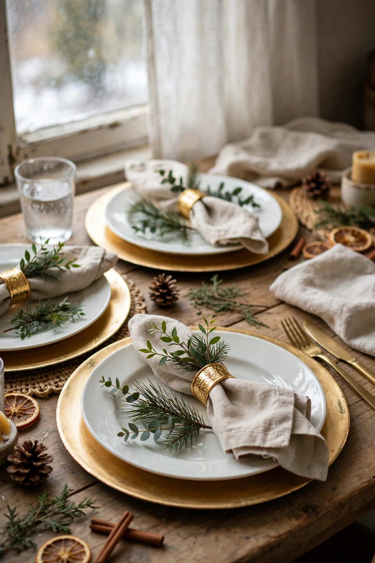 Christmas table setting with gold chargers and napkin rings