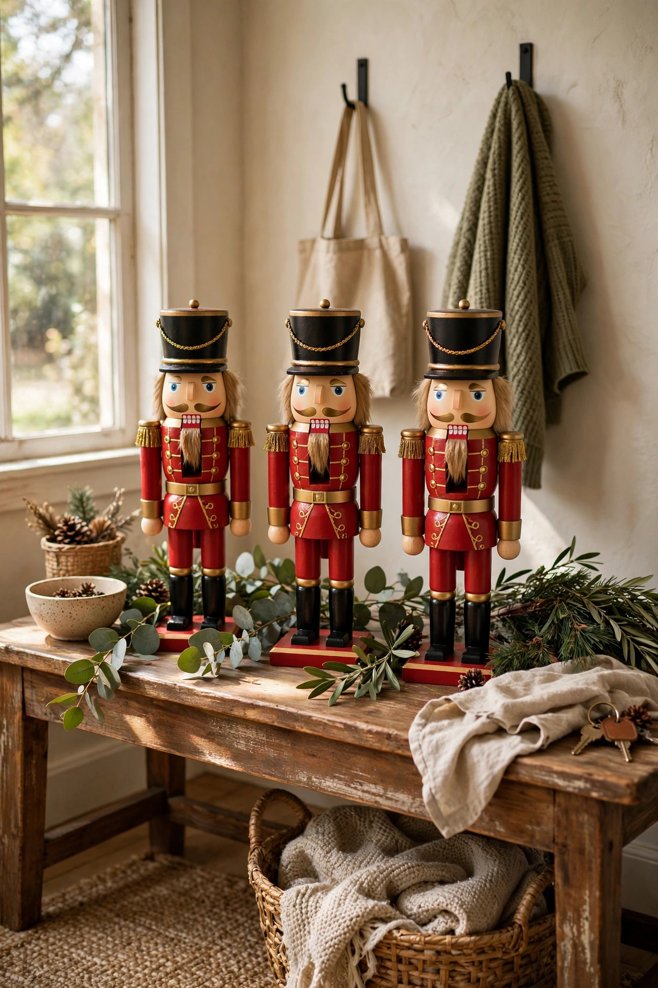 Wooden nutcracker figures in matching colors on an entryway console
