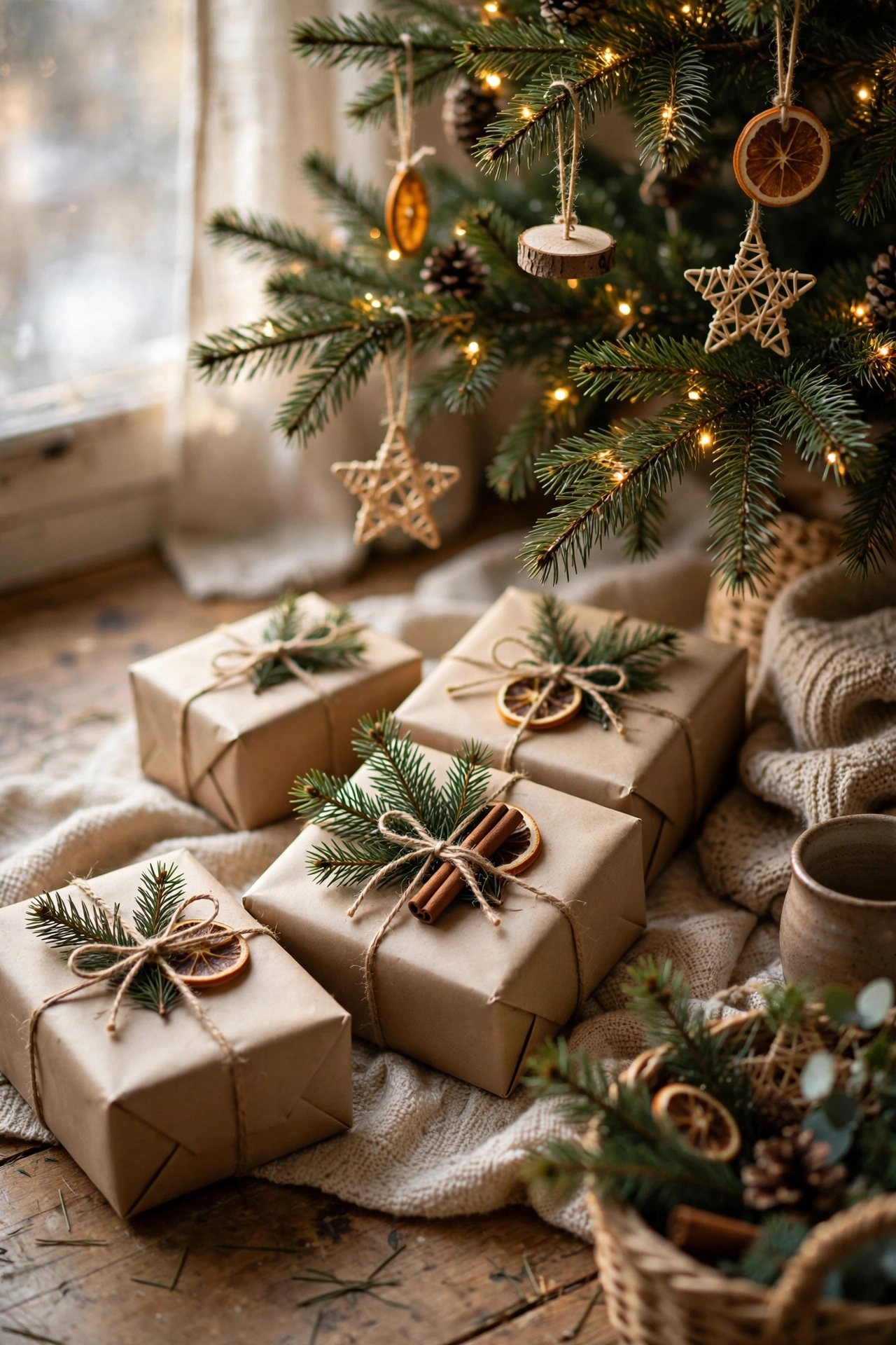 Gifts wrapped in kraft paper with twine and pine sprigs under a tree
