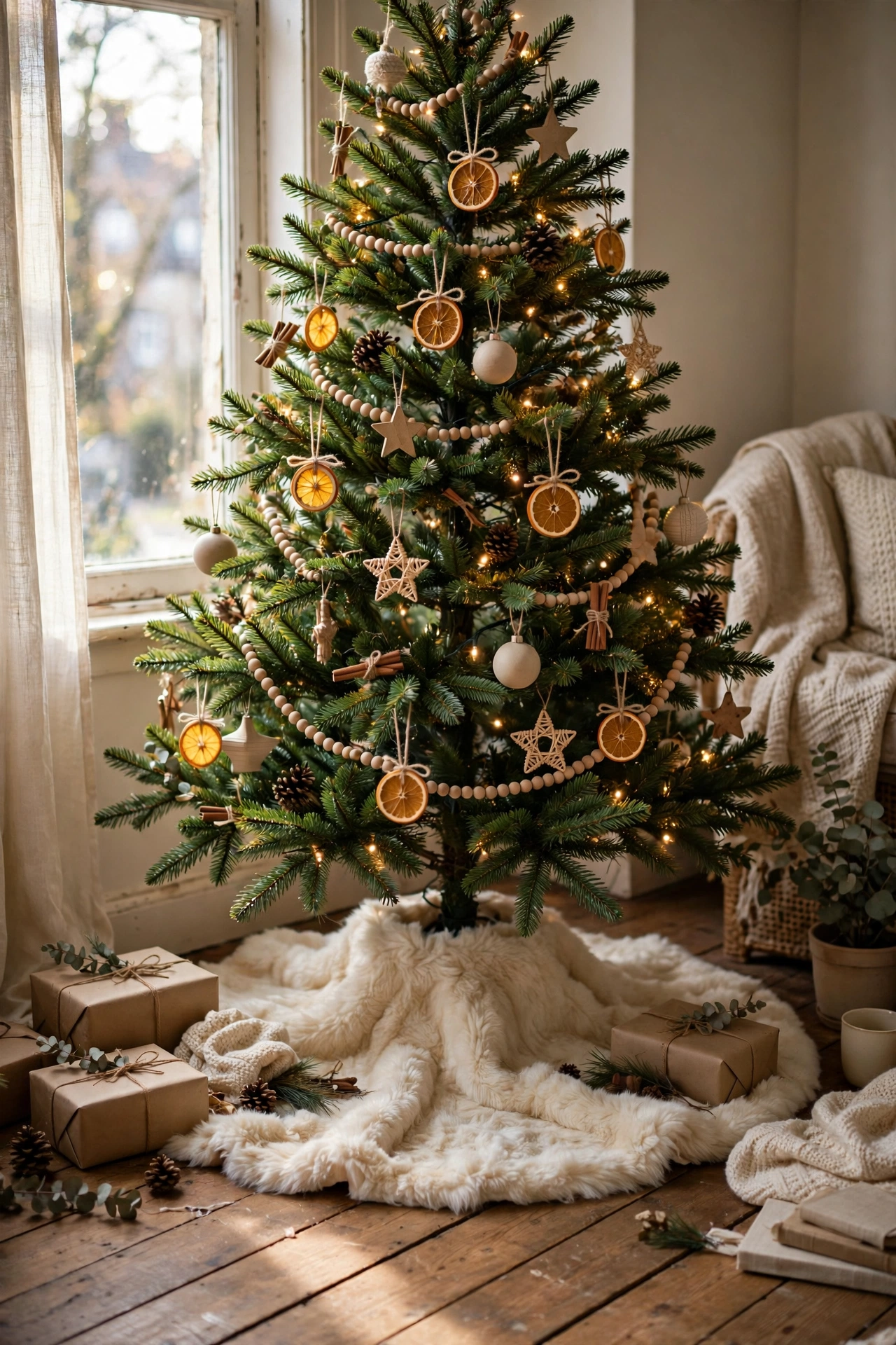 Christmas tree with a faux fur tree skirt hiding the stand