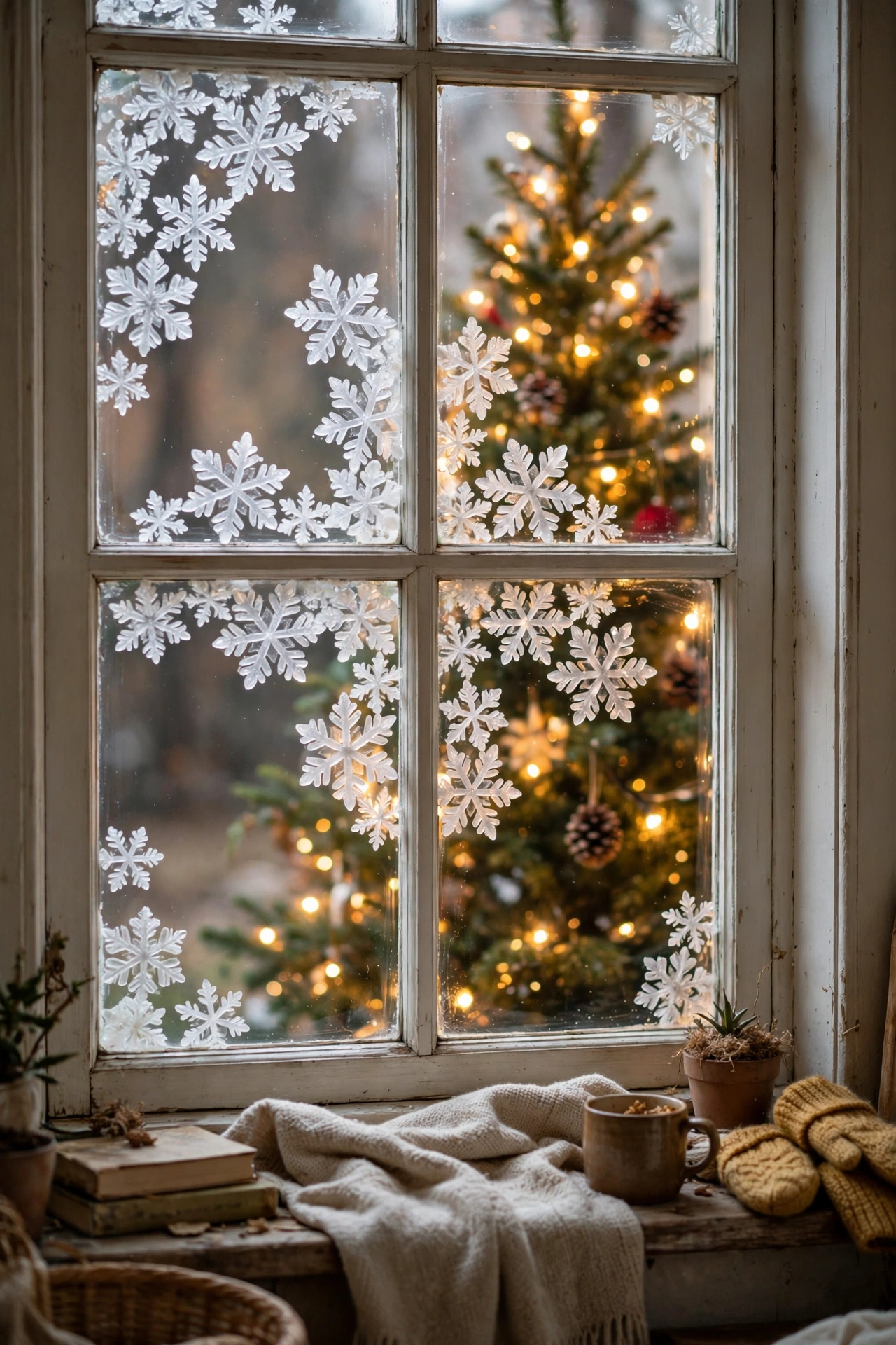 Window decorated with static-cling snowflake decals