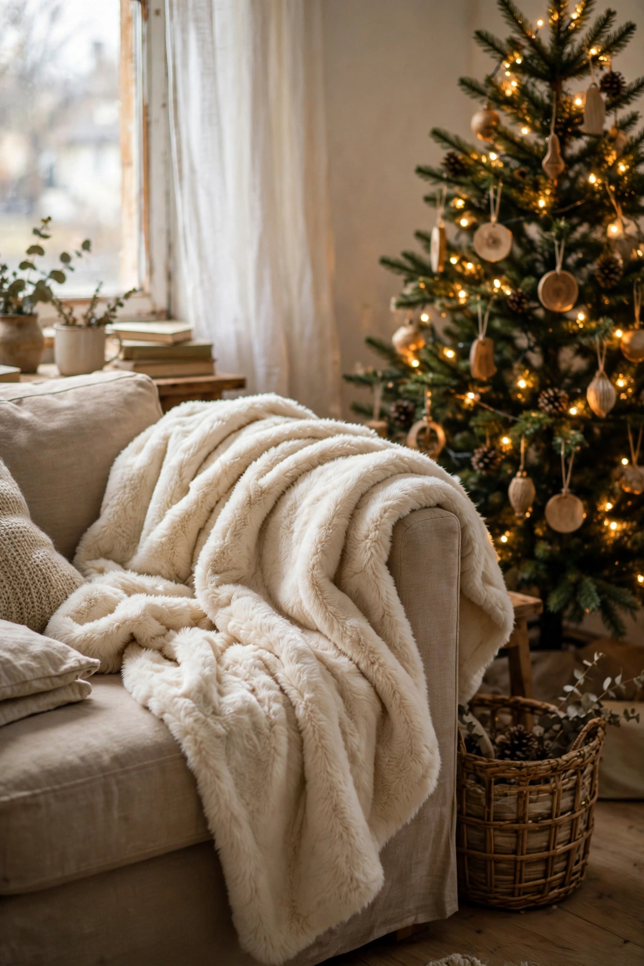 Cream faux fur throw draped over a sofa arm by the tree