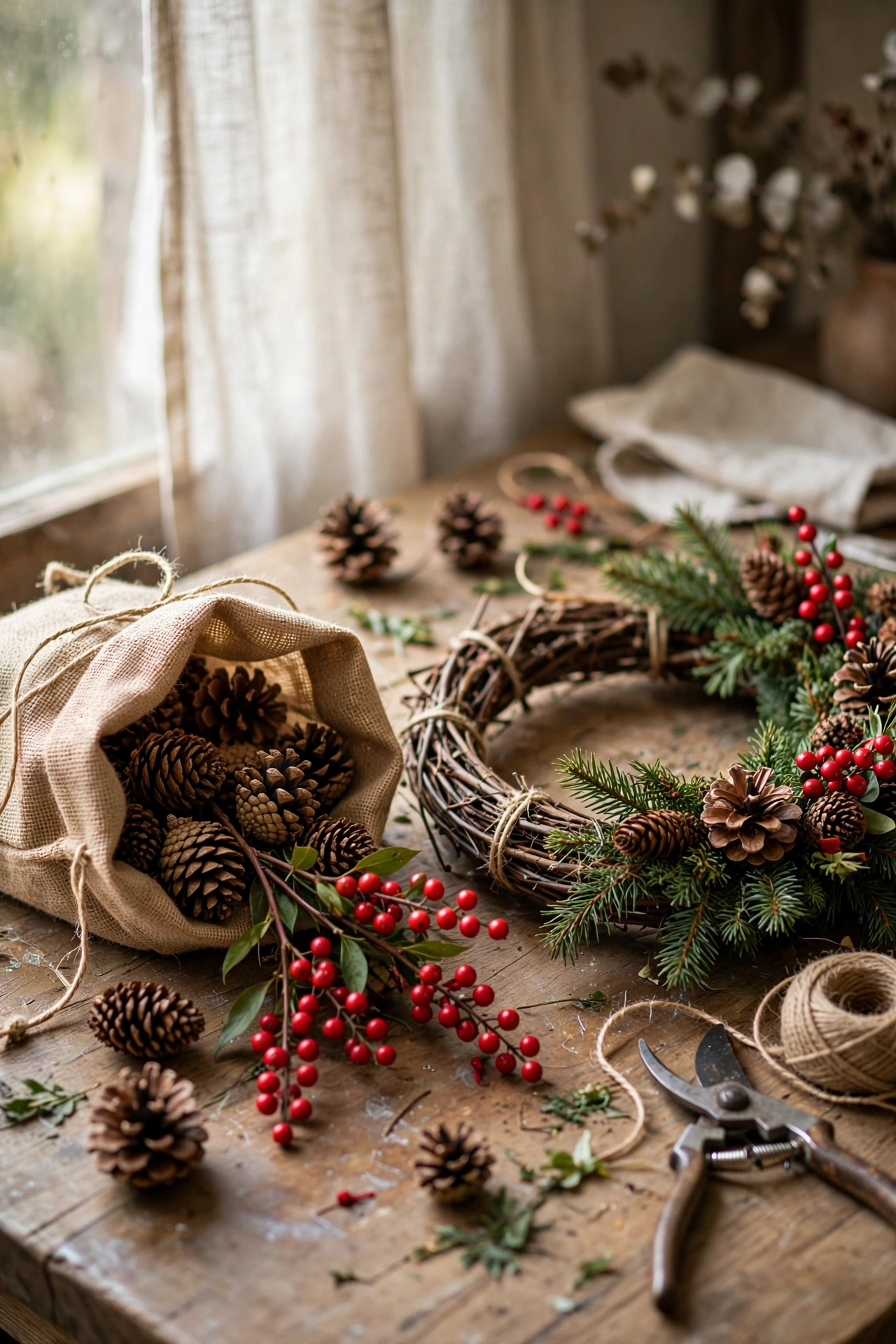 Bag of pinecone and berry picks with a decorated wreath