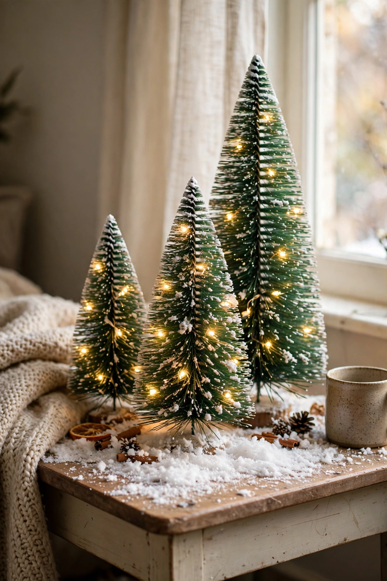 Cluster of small light-up bottlebrush trees on a side table