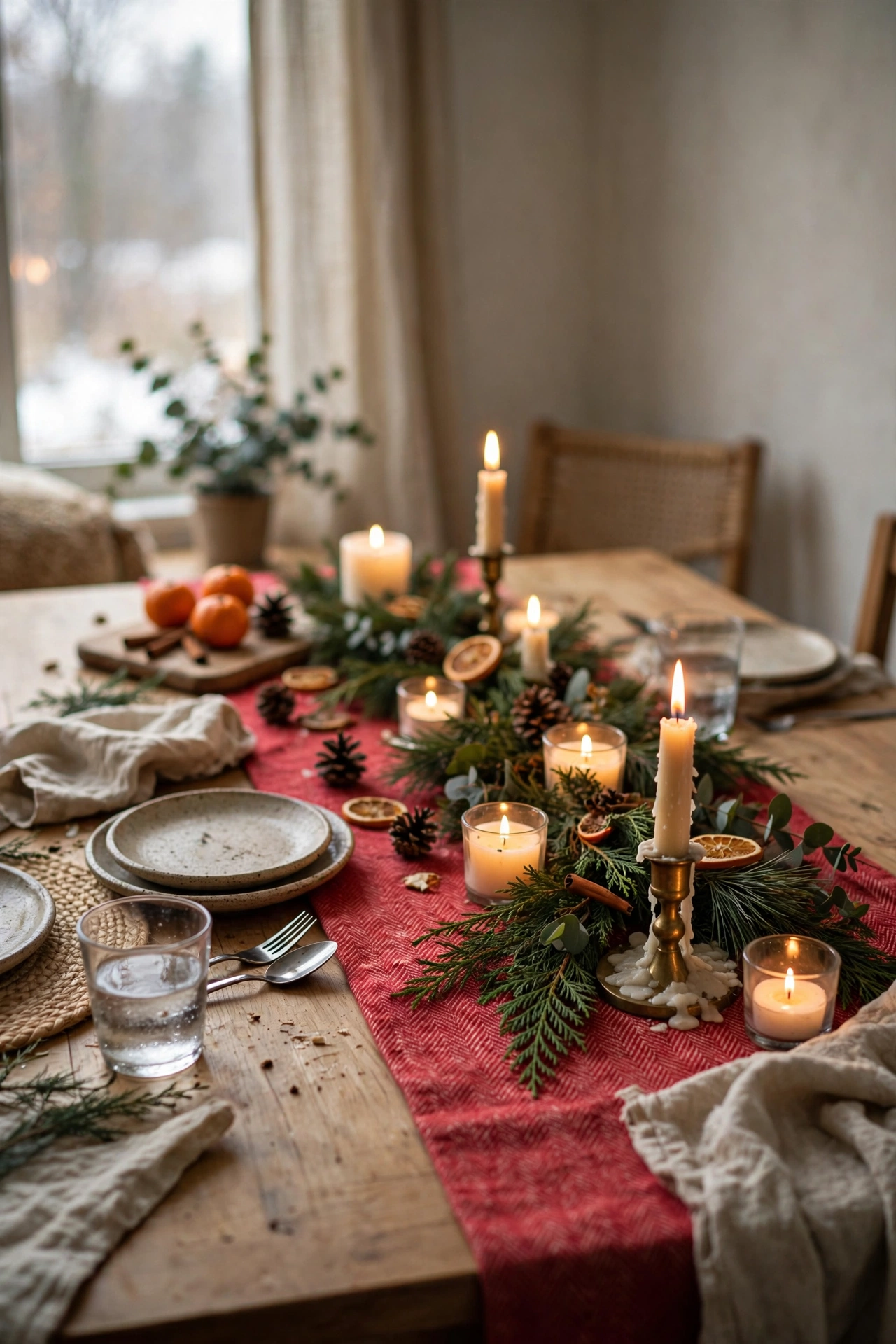 Dining table with a Christmas runner, greenery and candles