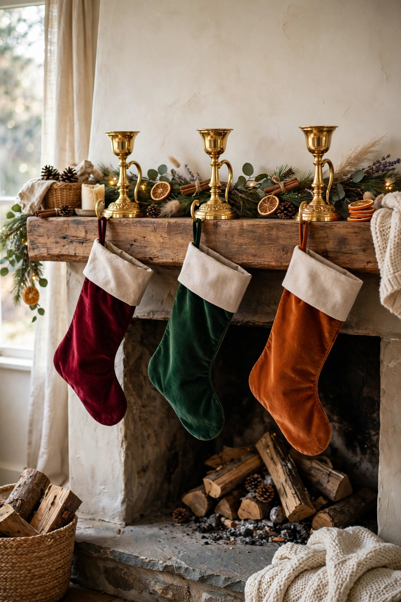 Gold weighted stocking holders on a fireplace mantel