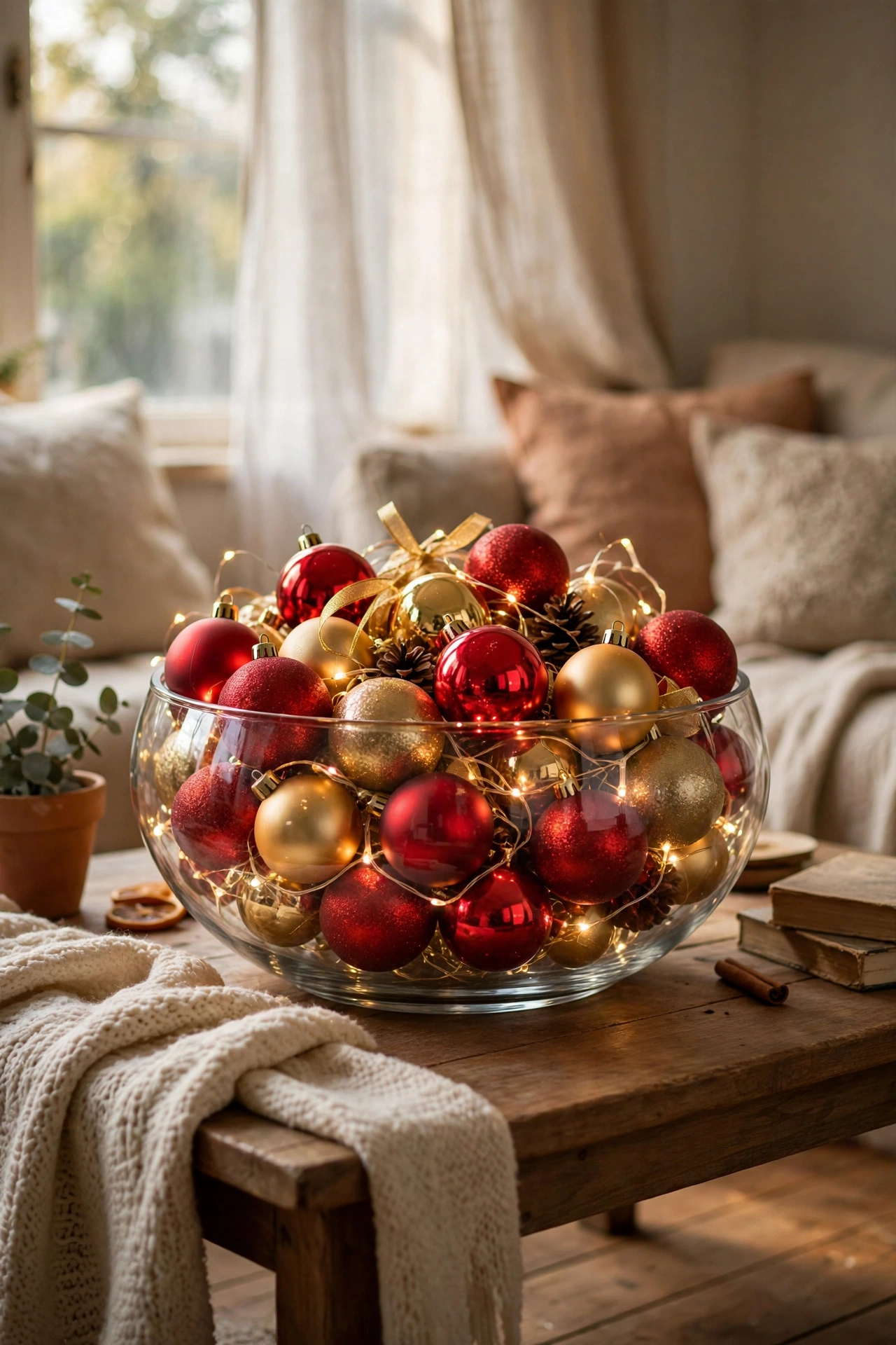 Glass bowl filled with red and gold ornaments as a centerpiece