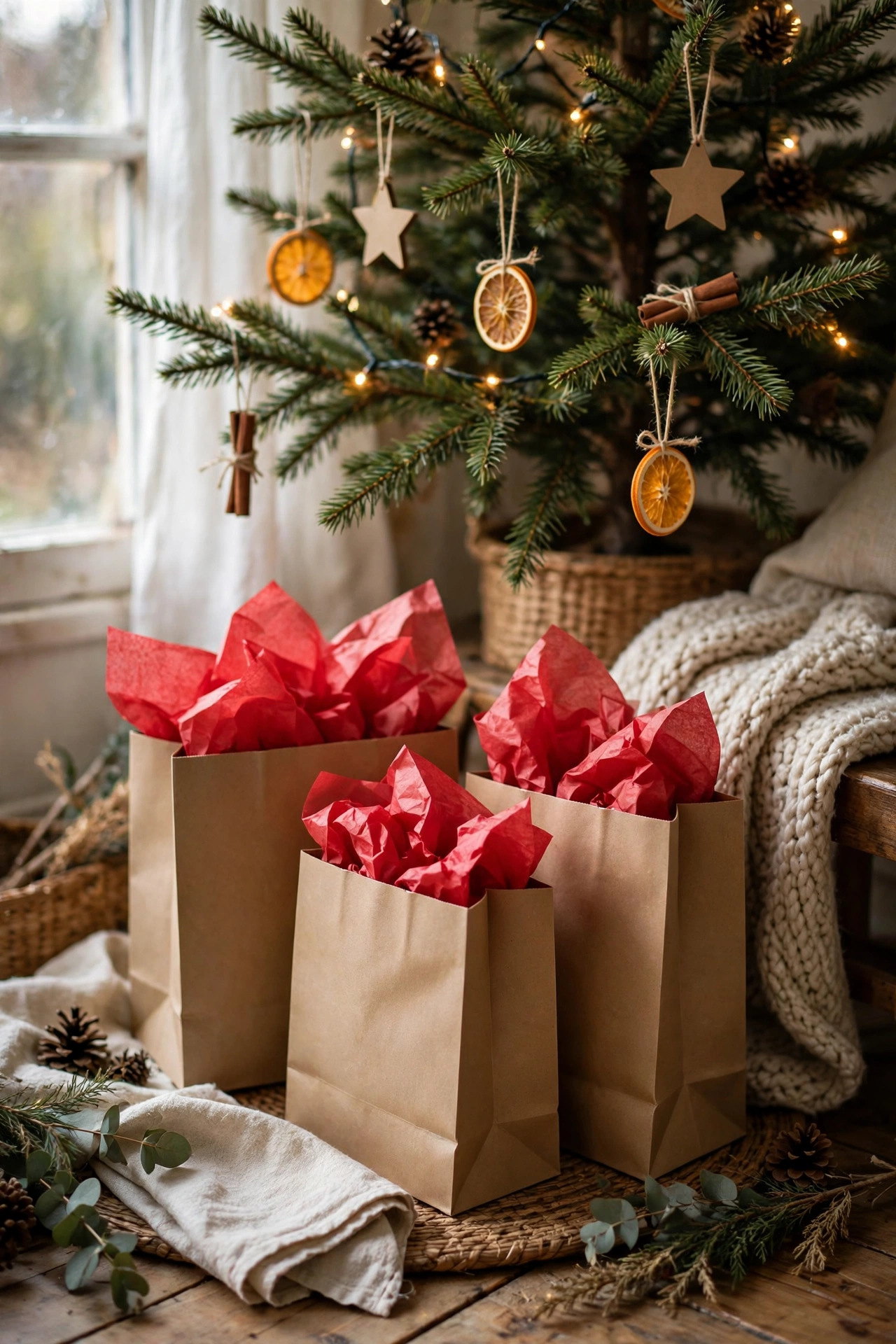 Matching kraft gift bags with tissue paper under a tree