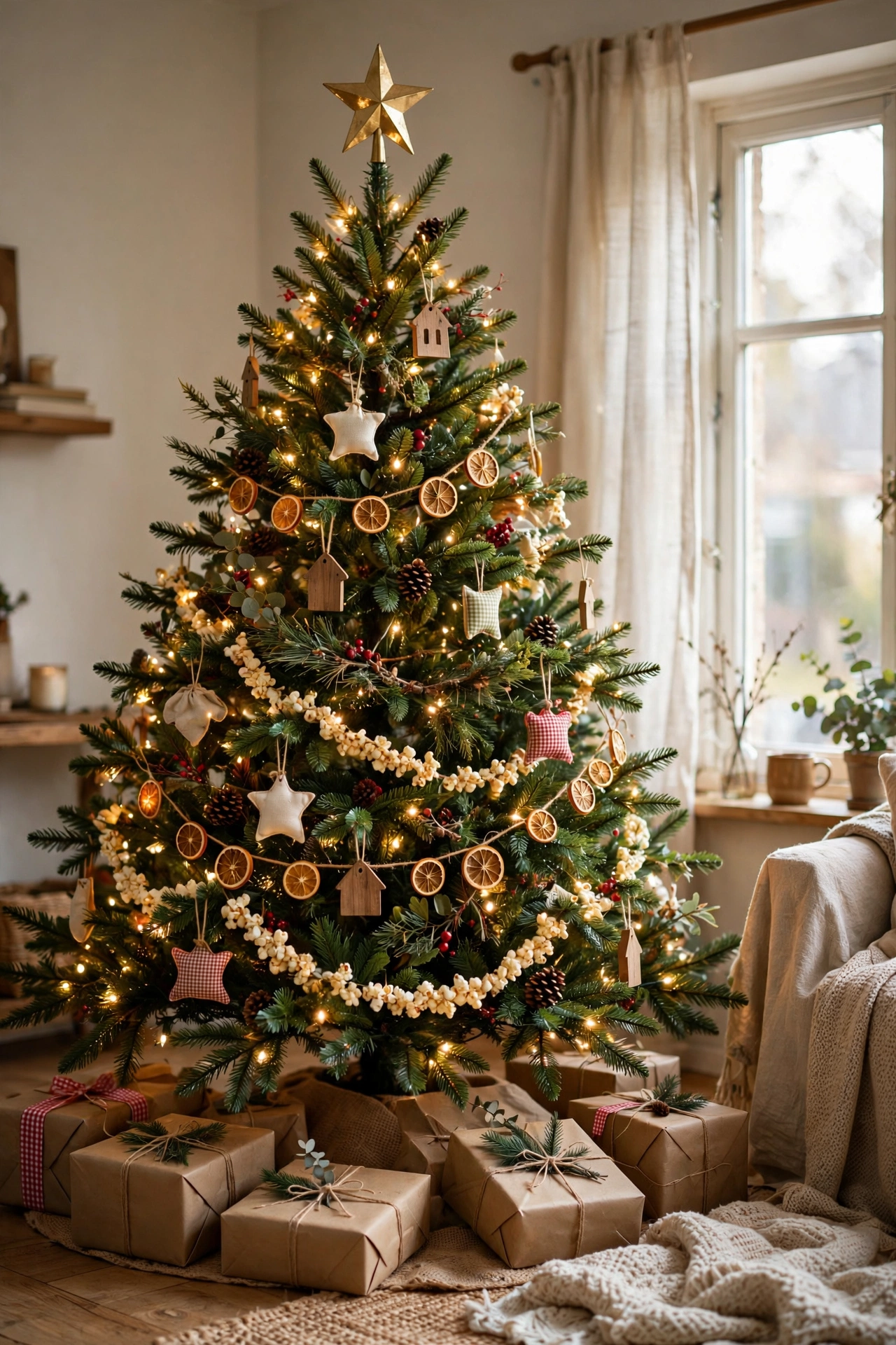 Simple gold star tree topper on a decorated Christmas tree