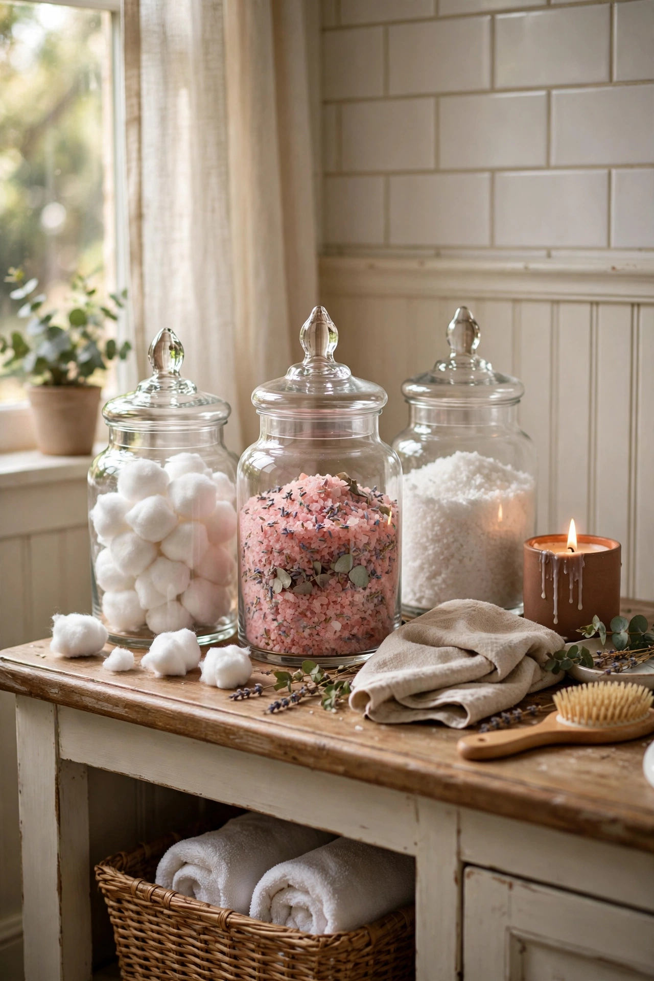 Glass apothecary jars with cotton balls and bath salts on a vanity
