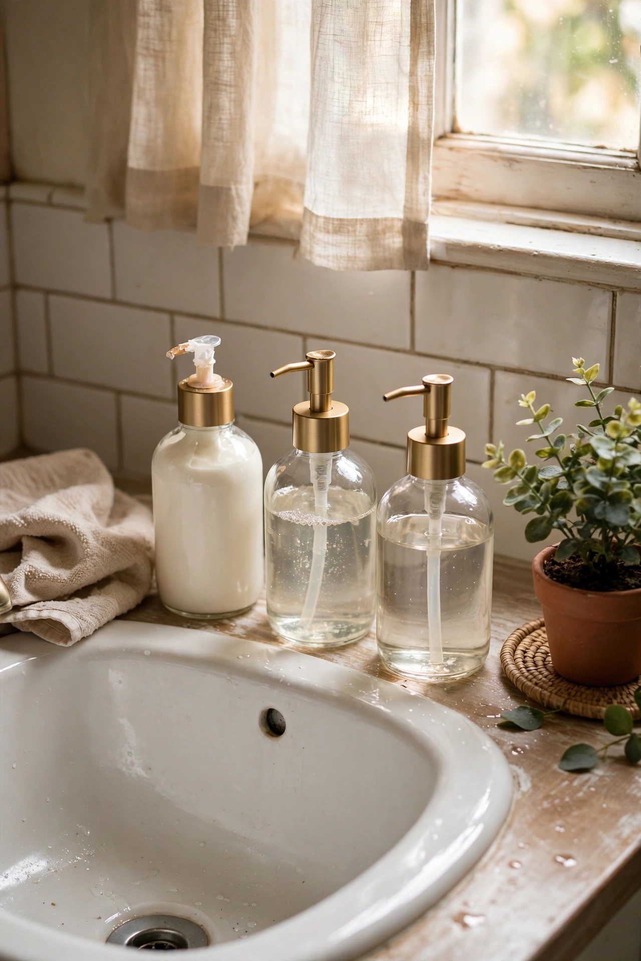 Matching glass soap dispensers on a bathroom sink