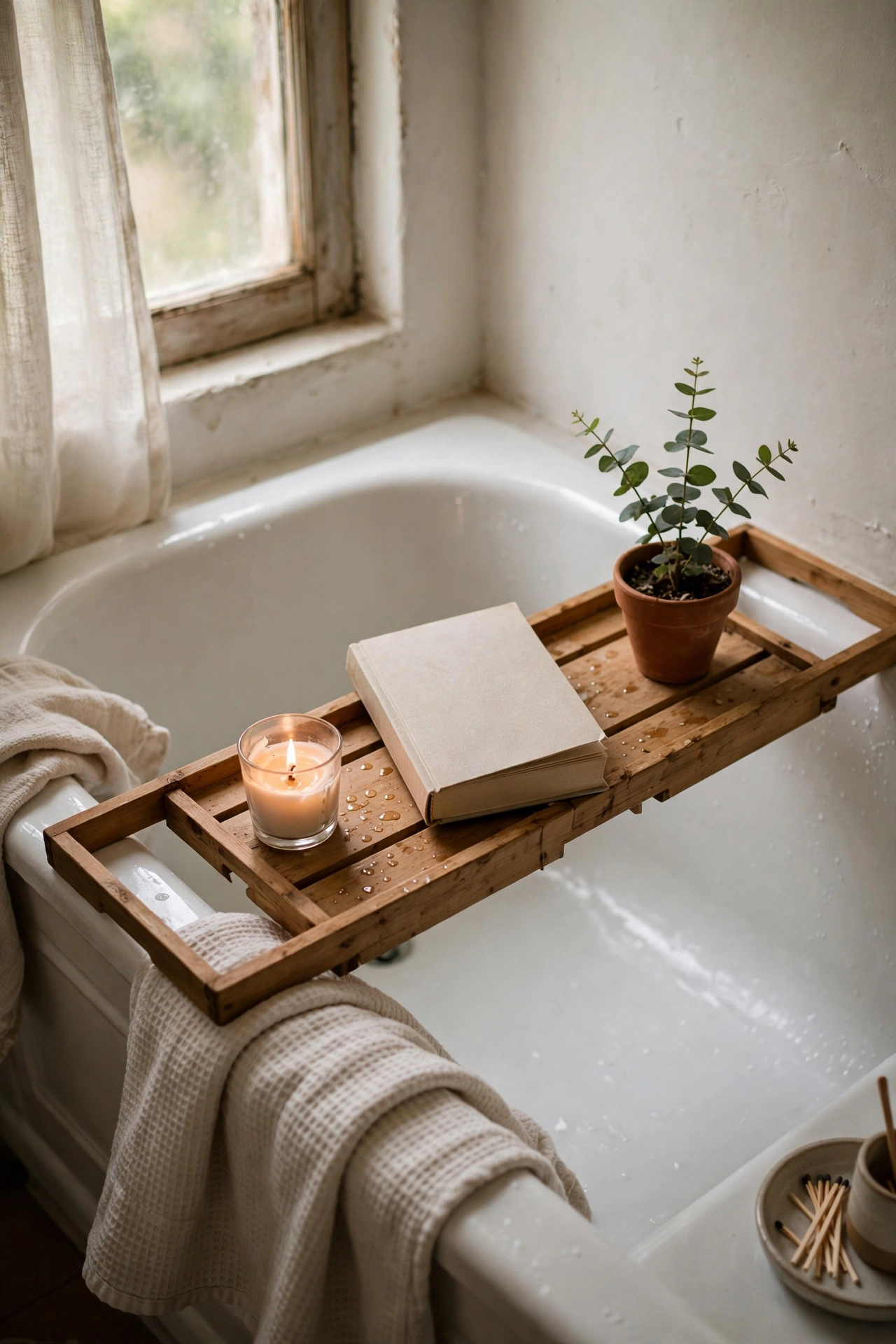 Wooden bath tray with candle and book across a bathtub