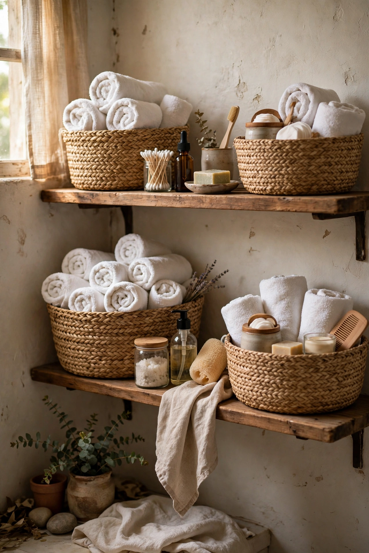 Woven baskets with rolled towels and toiletries in a bathroom