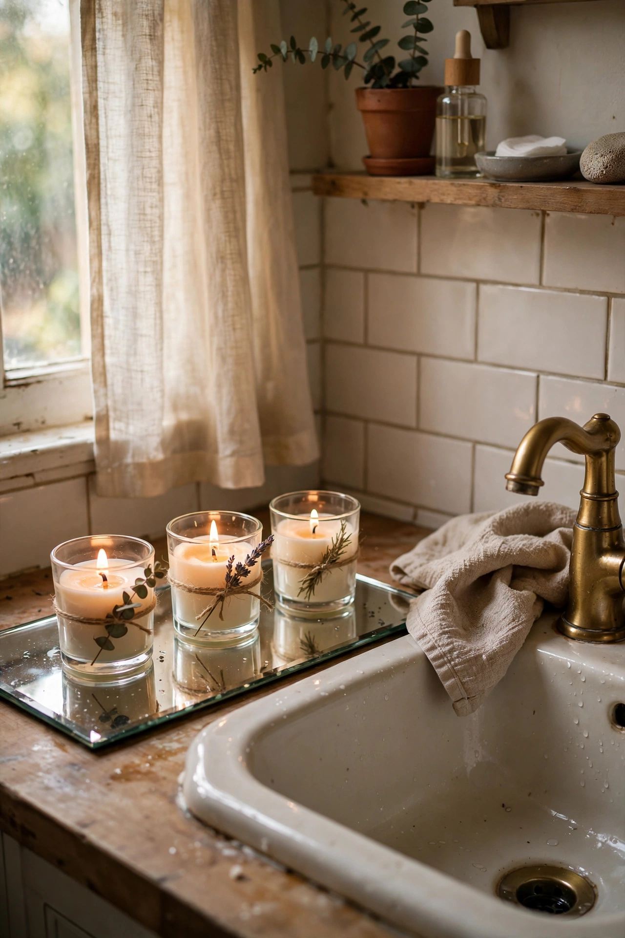 Trio of small scented candles on a mirrored tray in a bathroom