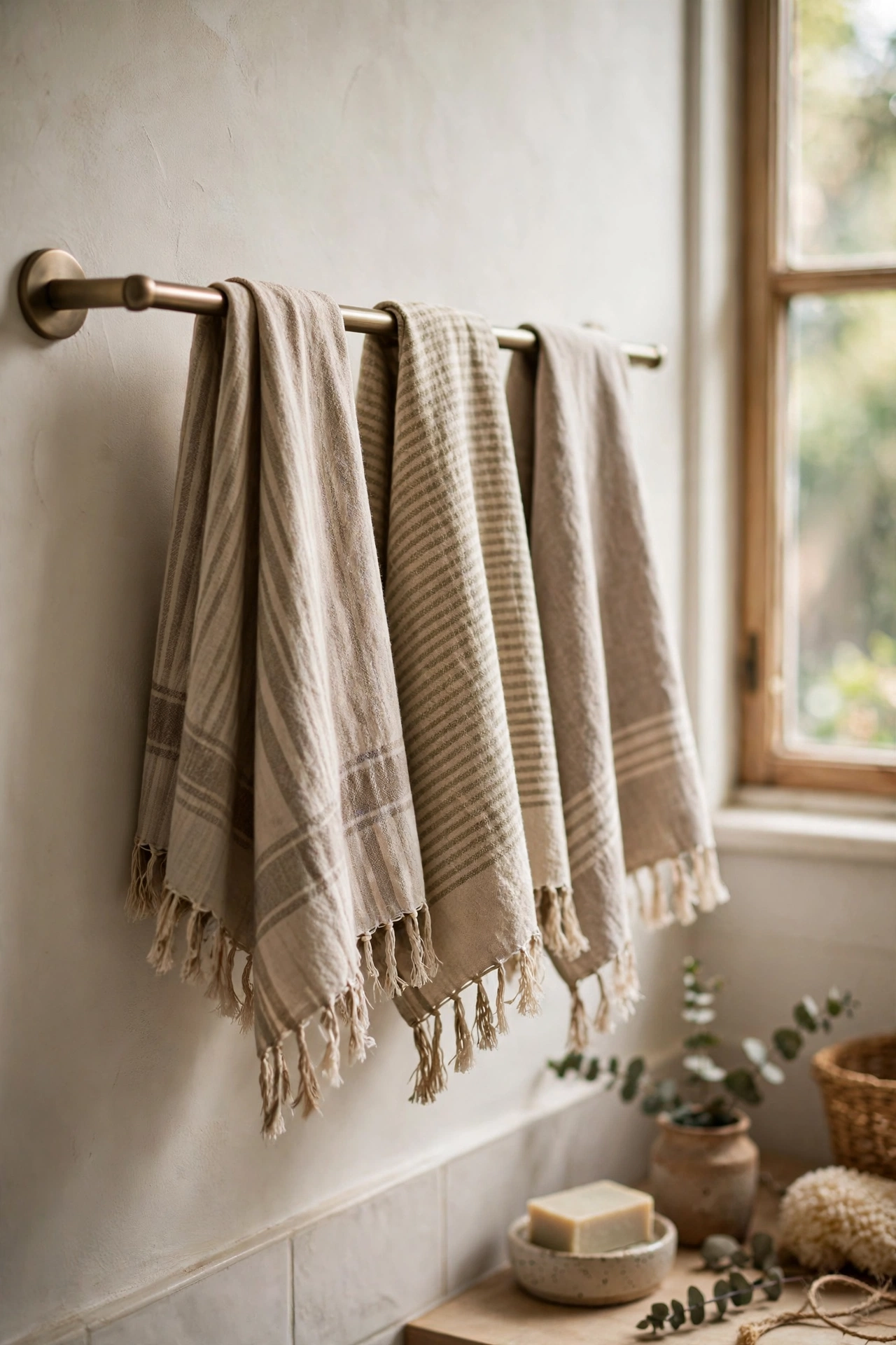 Turkish-style hand towels with fringe hanging neatly in a bathroom