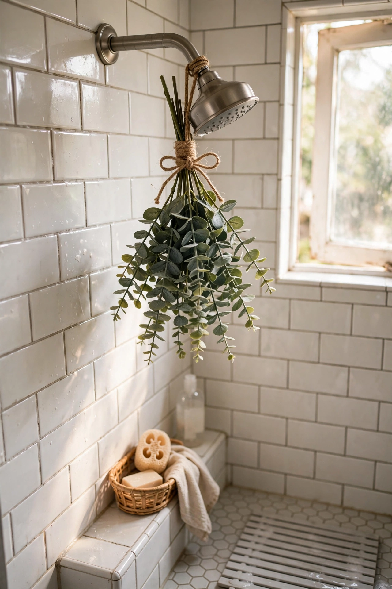 Faux eucalyptus bundle tied to a shower head with twine
