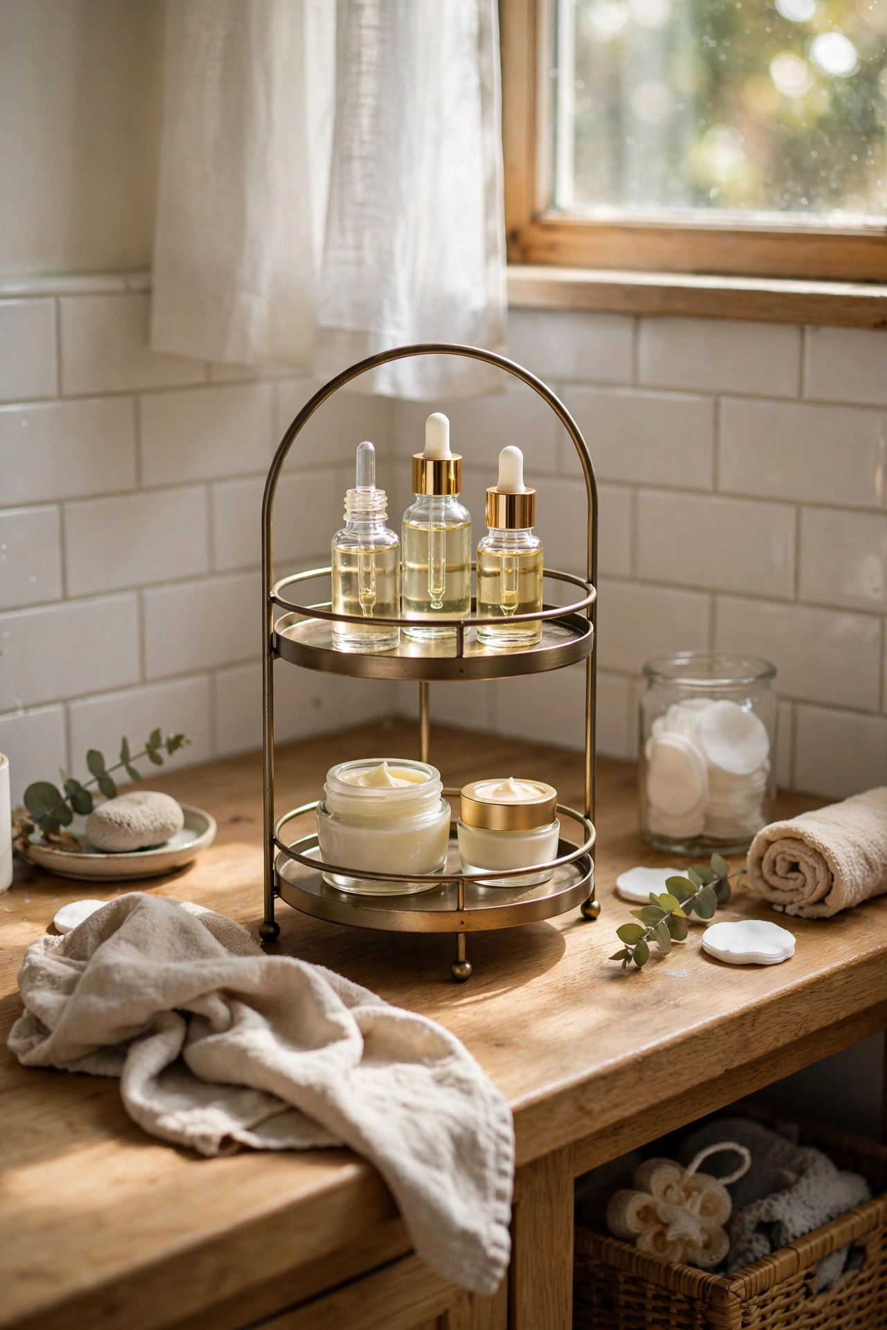 Tiered stand with serums and creams on a bathroom vanity