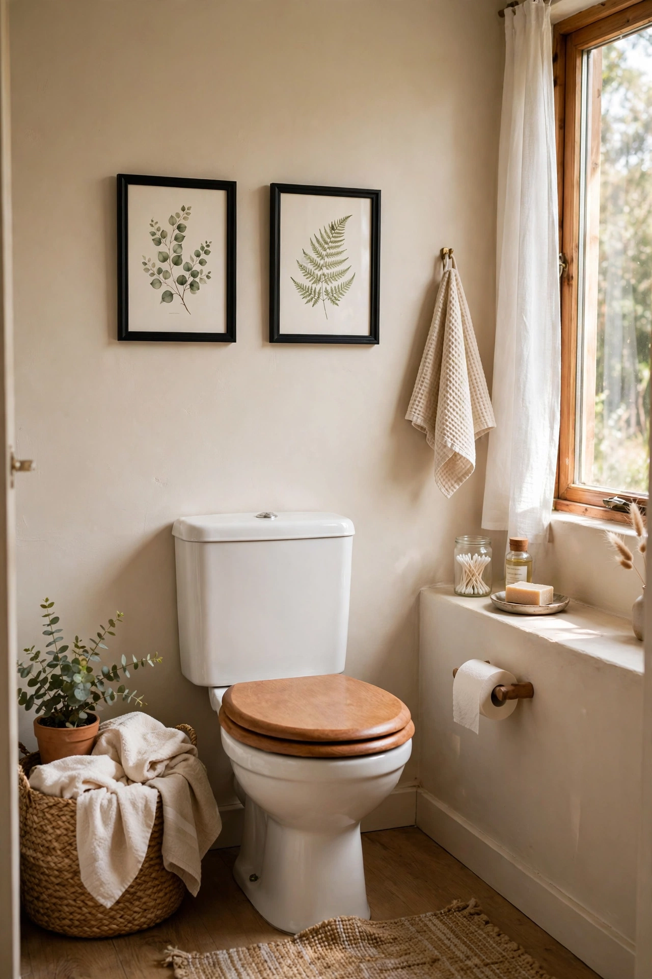 Two small framed botanical prints above a toilet